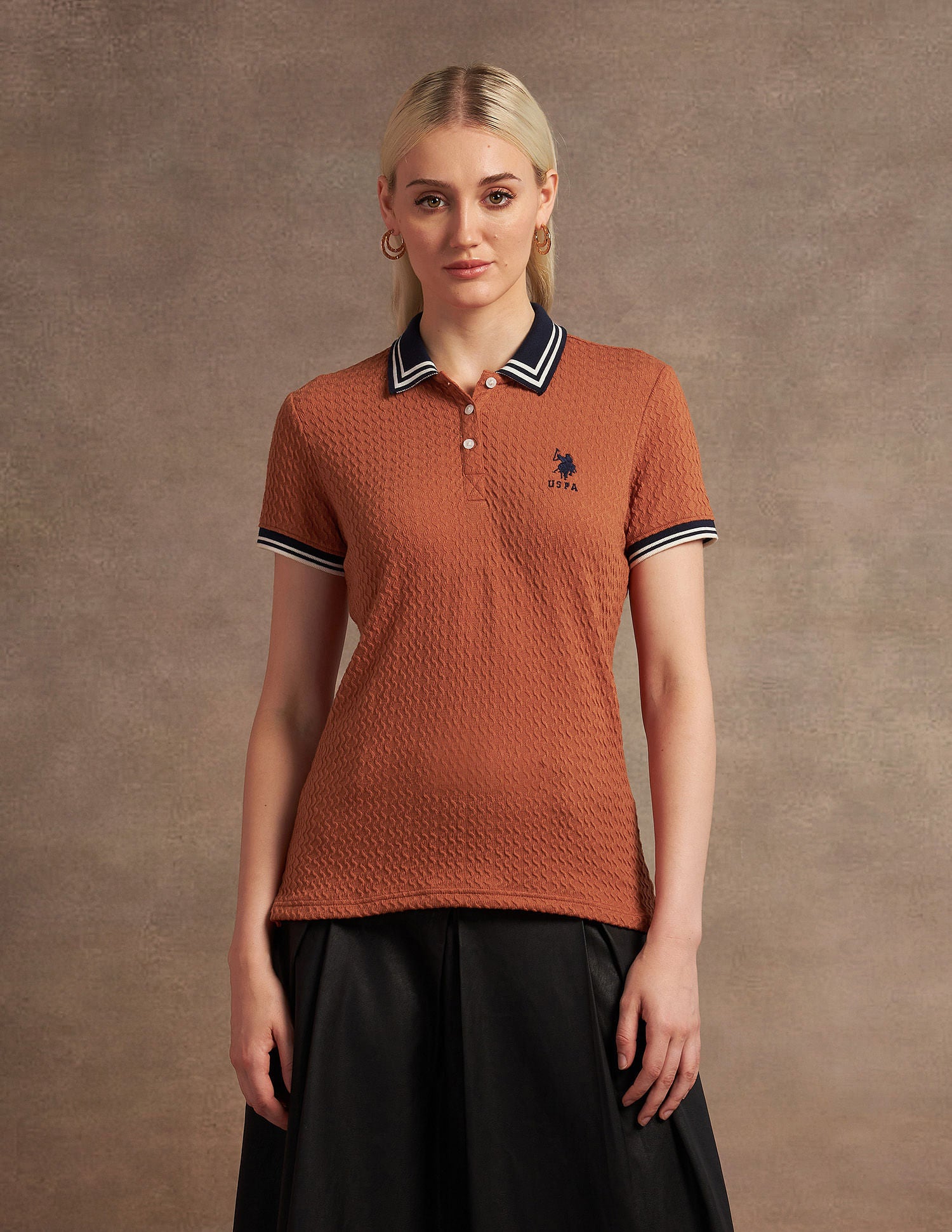 Textured Knit Contrast Collar Polo Shirt Rust - U.S. Polo Assn. India | Large