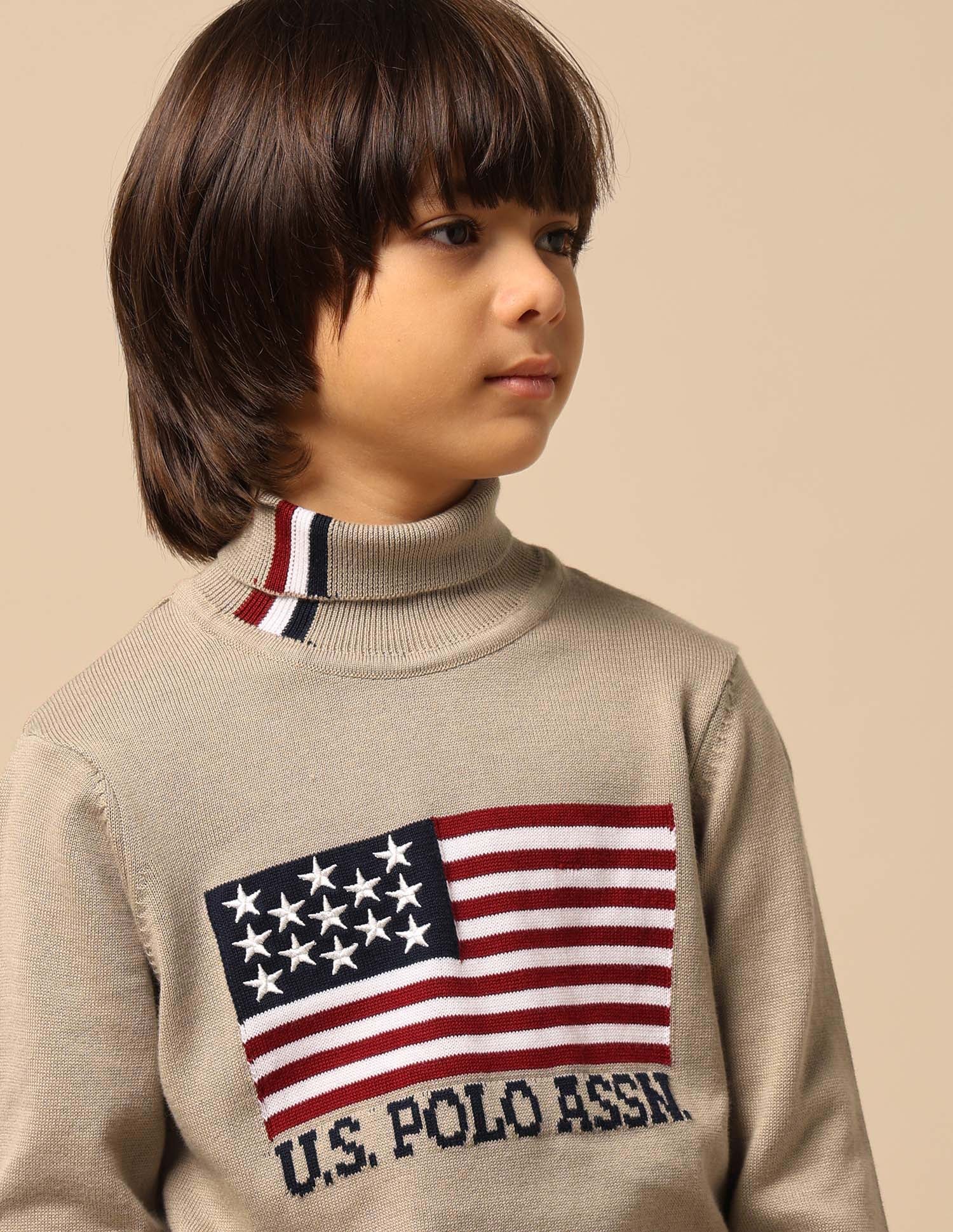 Boys Brand Printed Regular Fit Sweater Beige - U.S. Polo Assn. India | Large