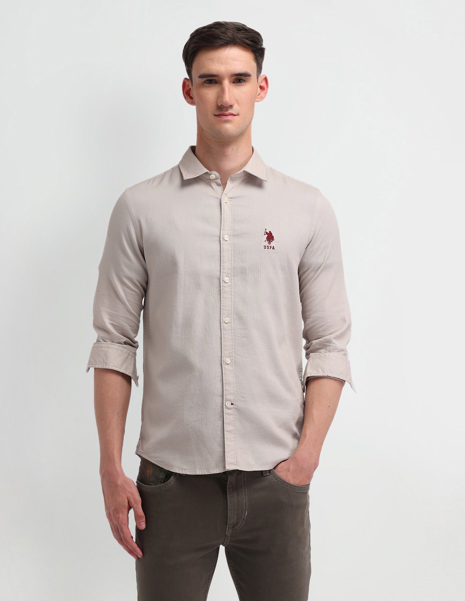 Dobby Slim Fit Shirt Beige - U.S. Polo Assn. India | Large