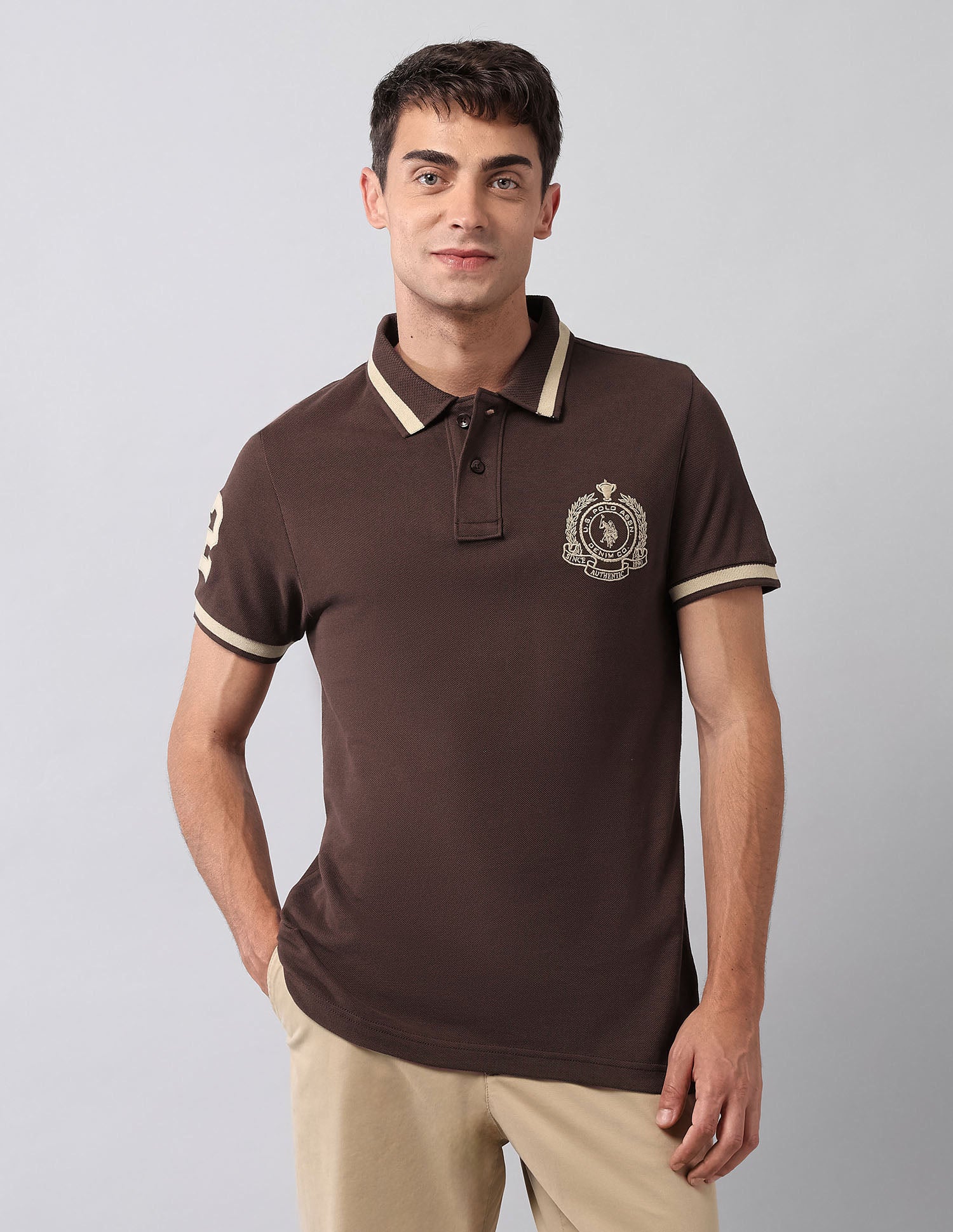 Pure Cotton Muscle Fit Polo Shirt Dark Brown - U.S. Polo Assn. India | Large