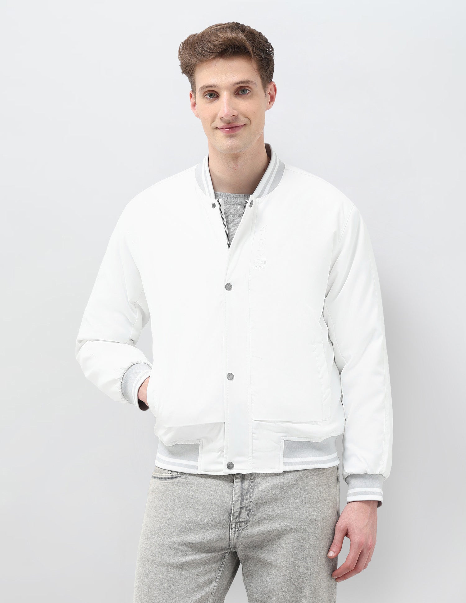 Solid Regular Fit Bomber Jacket Off White - U.S. Polo Assn. India | Large