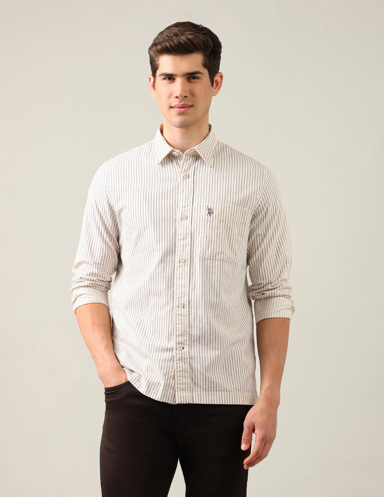 Vertical Striped Comfort Fit Shirt Beige - U.S. Polo Assn. India | Large