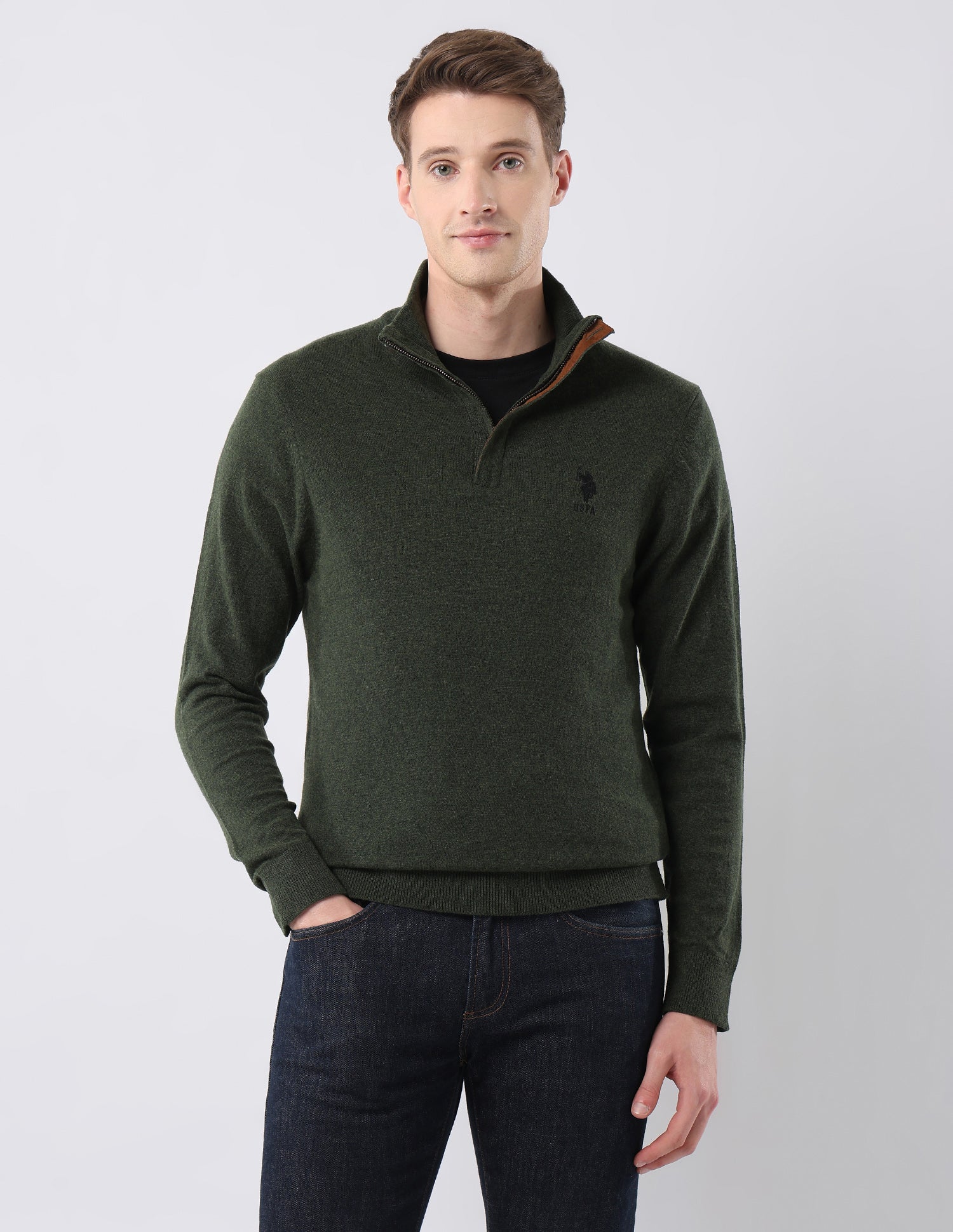 Regular Fit Solid Sweater Green - U.S. Polo Assn. India | Large