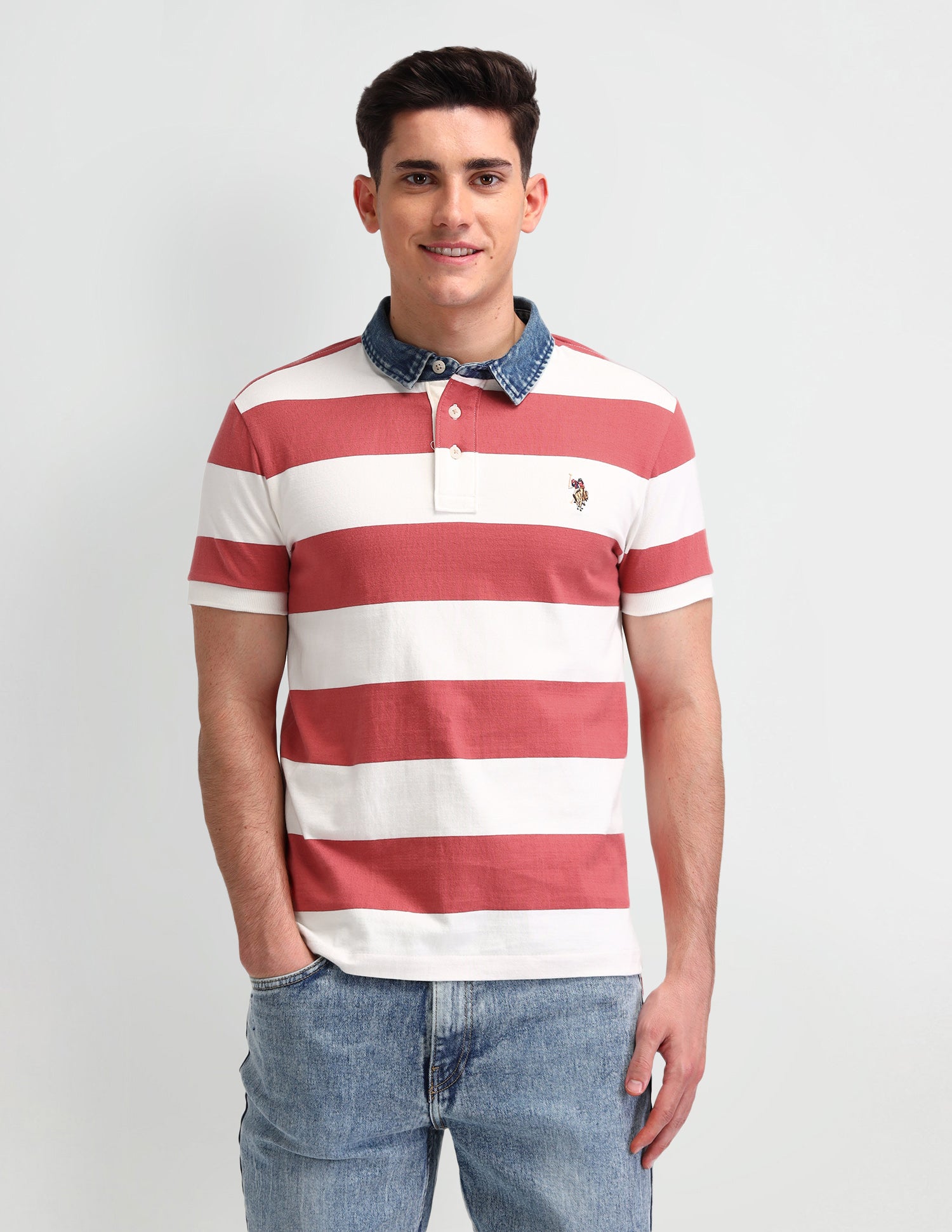 Horizontal Striped Cotton Polo Shirt Vivid Crimson - U.S. Polo Assn. India | Large