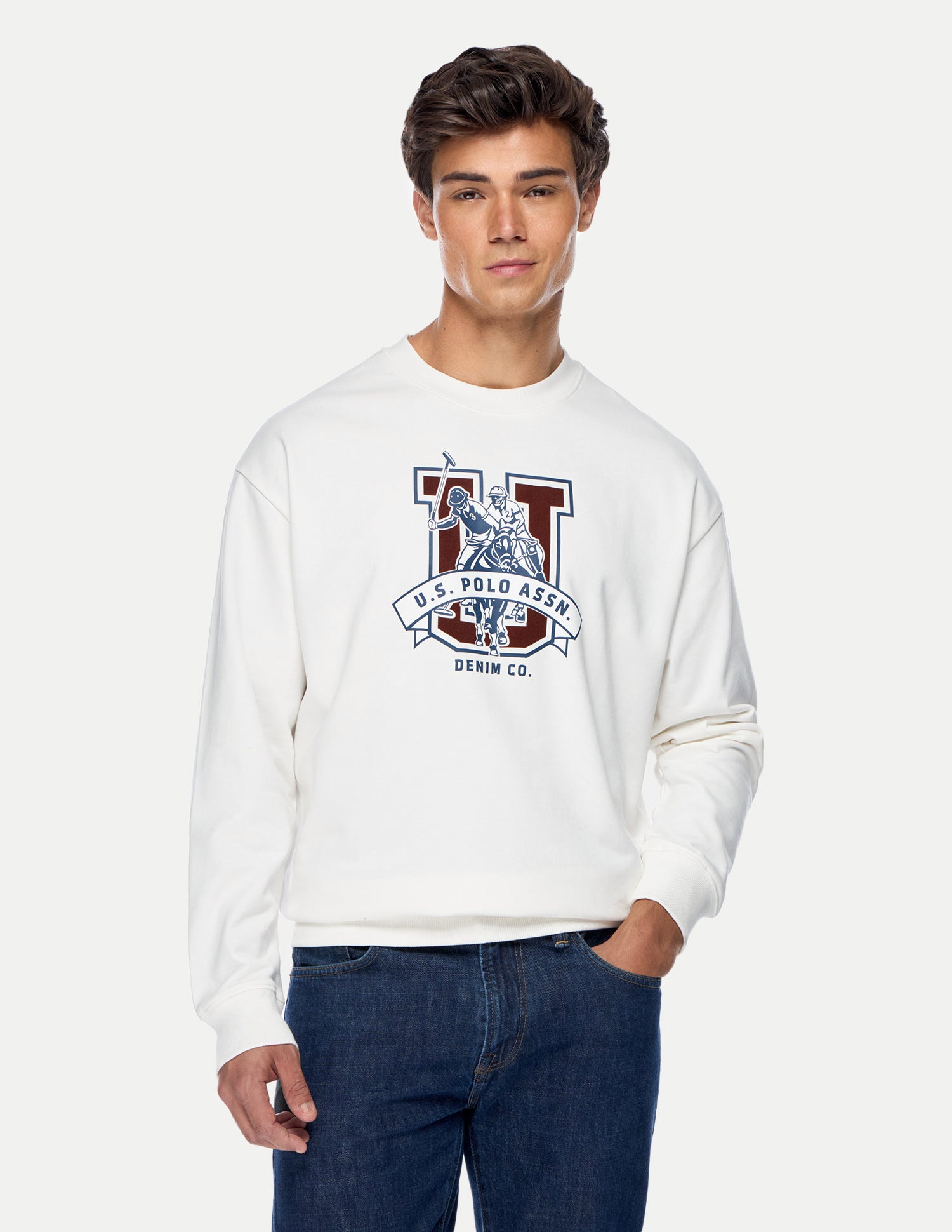 Brand Printed Relaxed Fit Sweatshirt Ivory - U.S. Polo Assn. India | Large