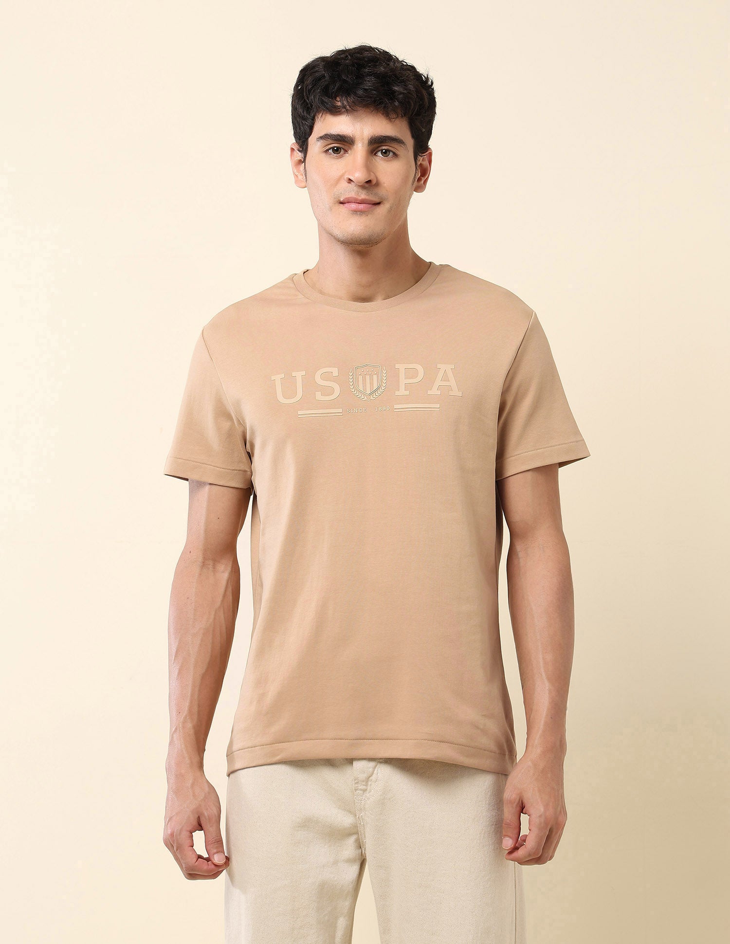Brand Embroidered Gold Cup T-Shirt Beige - U.S. Polo Assn. India | Large