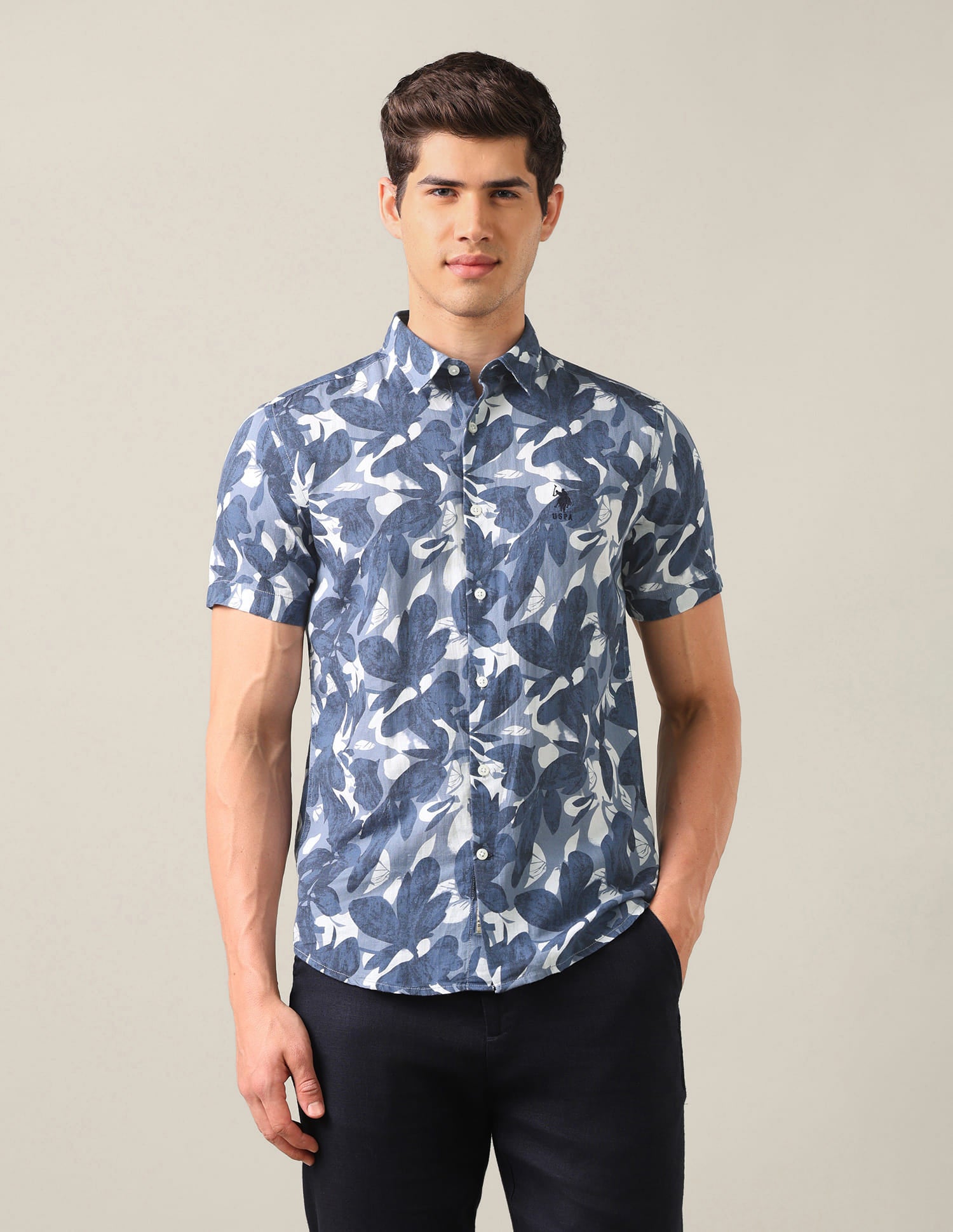 Floral Printed Regular Fit Shirt Blue - U.S. Polo Assn. India | Large