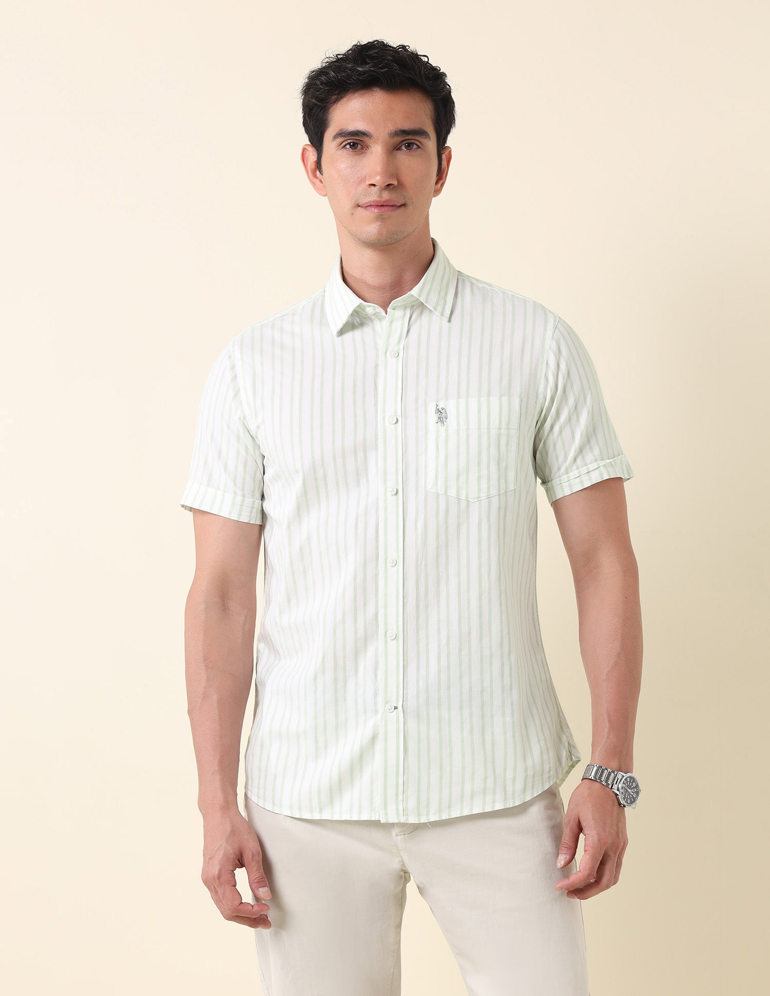 Tailored Fit Vertical Striped Shirt Light Green - U.S. Polo Assn. India | Large