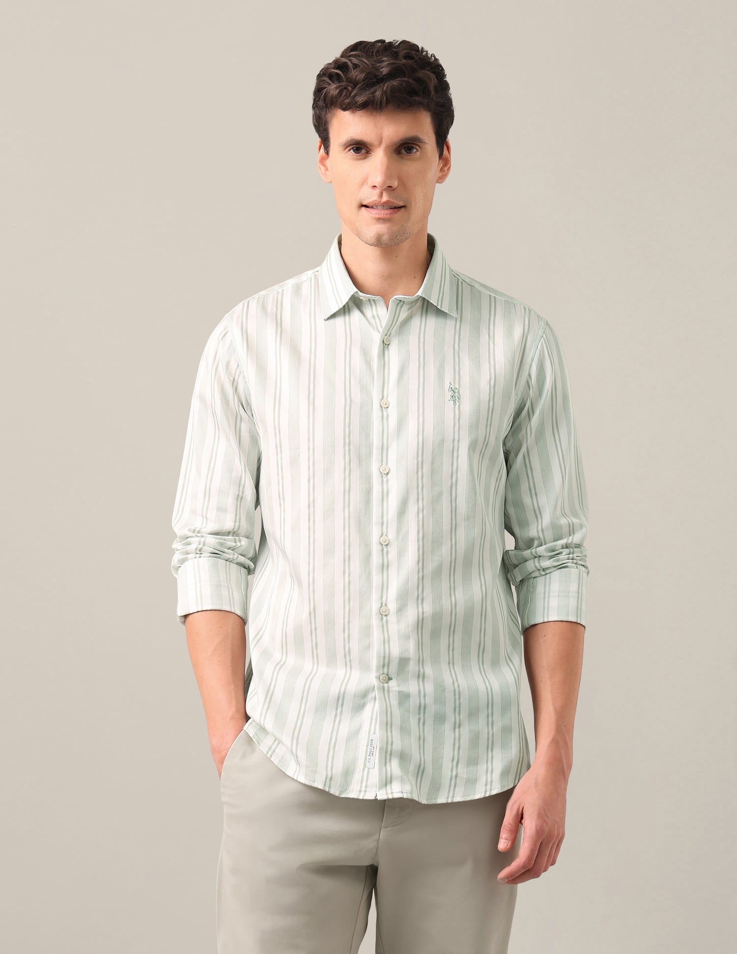 Vertical Striped Satin Shirt Green - U.S. Polo Assn. India | Large