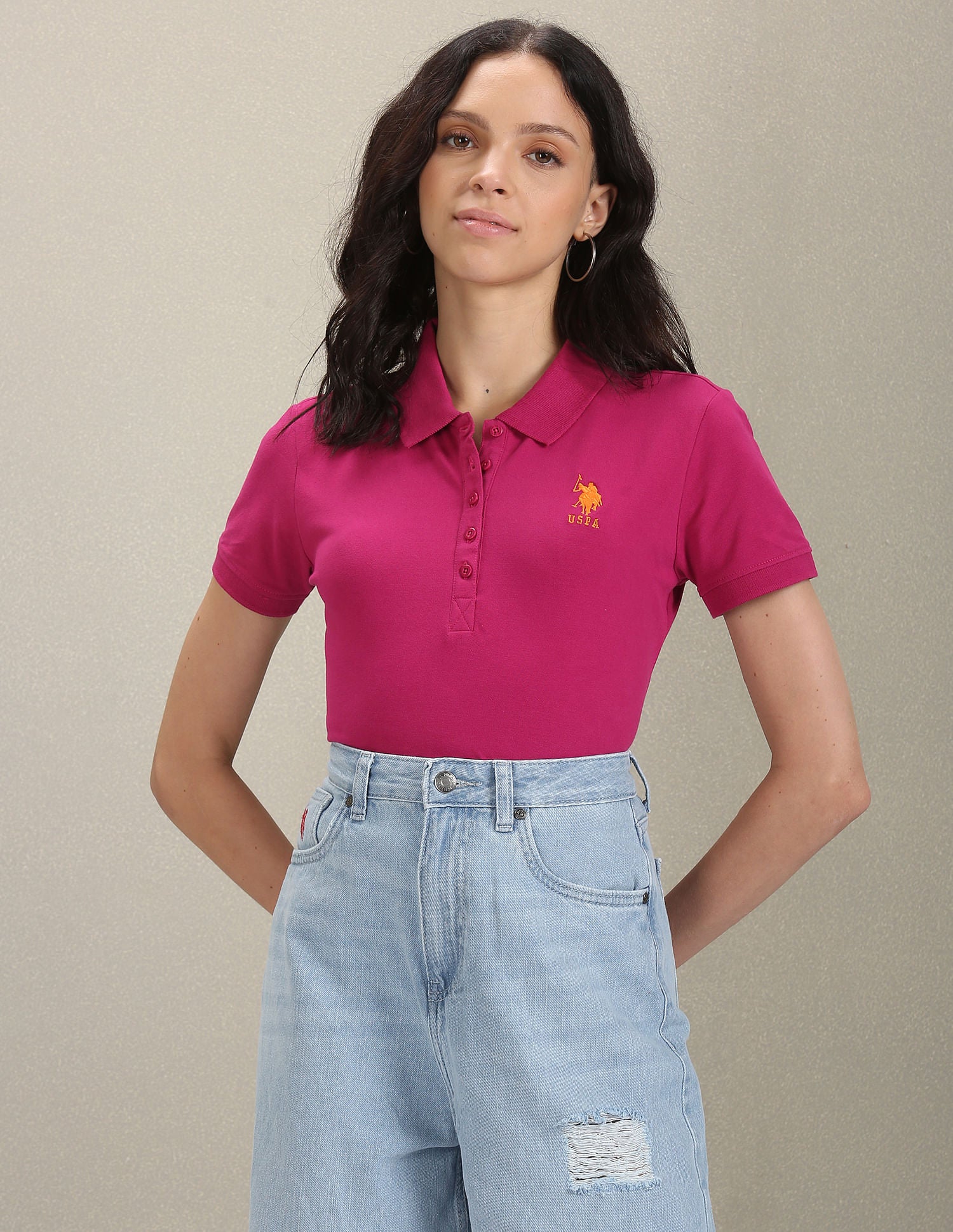 Ribbed Collar Solid Polo Shirt Fuchsia - U.S. POLO ASSN. | Large