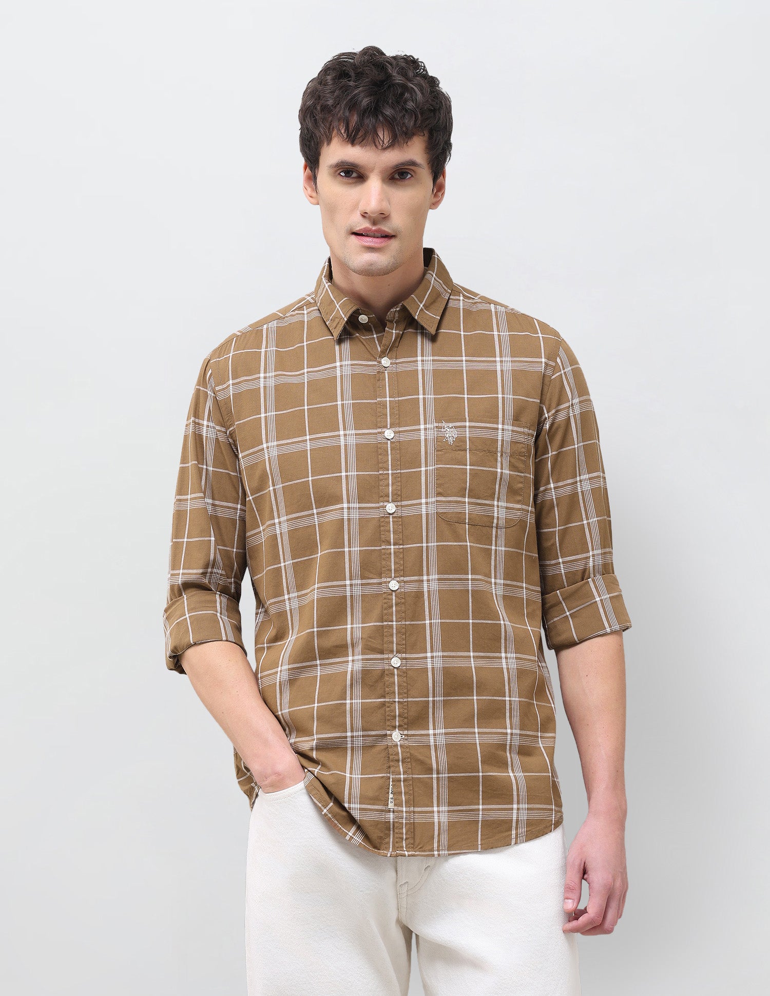 Grid Tattersall Checked Regular Fit Shirt Light Brown - U.S. Polo Assn. India | Large