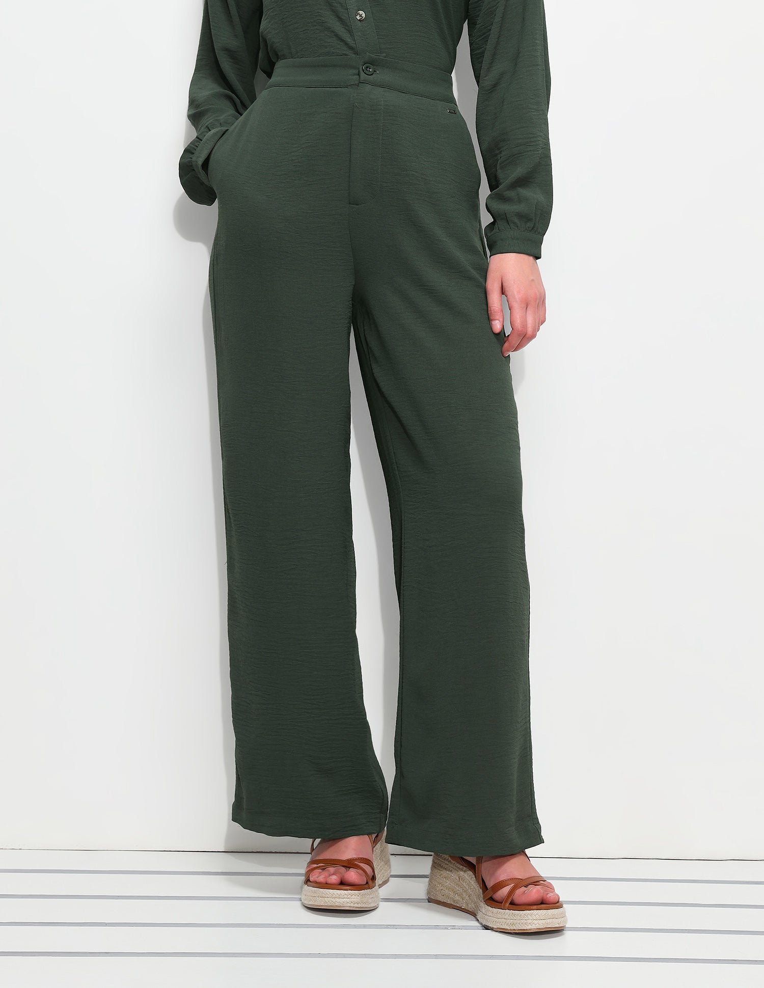High Rise Wide Leg Fit Trousers Olive - U.S. Polo Assn. India | Large