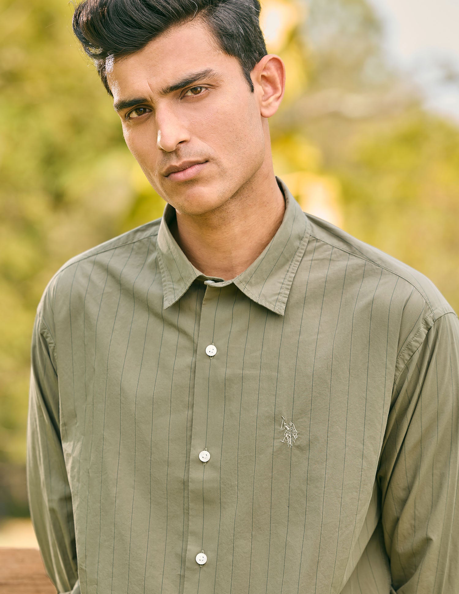 Pacho X Vertical Striped Tailored Fit Shirt Light Olive - U.S. POLO ASSN. | Large