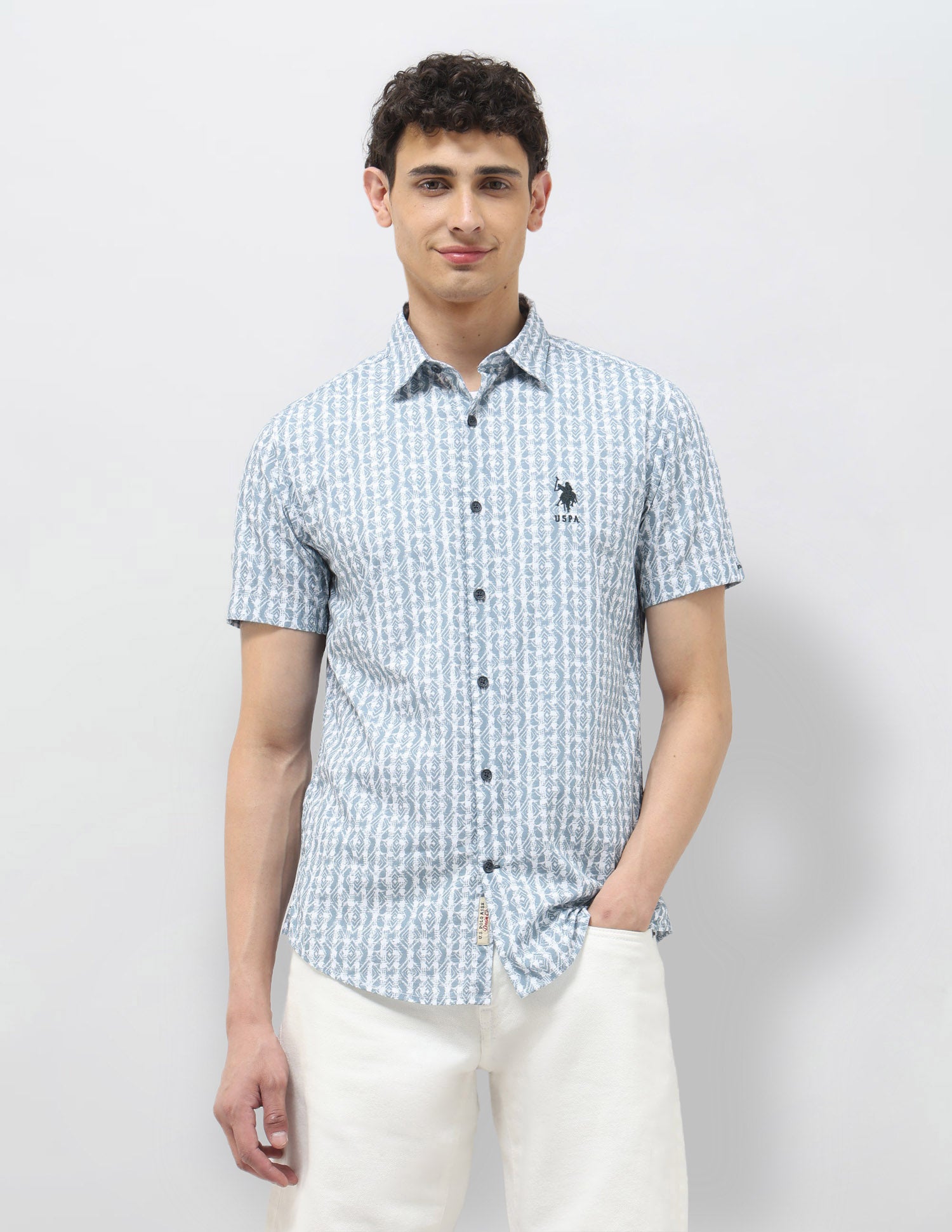 All Over Printed Pure Cotton Shirt Teal - U.S. POLO ASSN. | Large