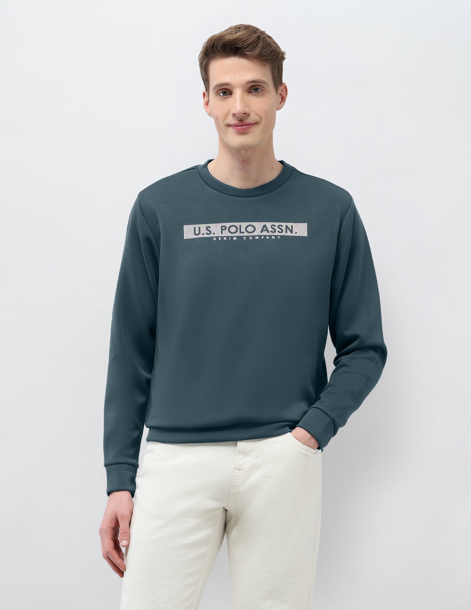 Brand Embossed Regular Fit Sweatshirt Teal - U.S. Polo Assn. India | Large