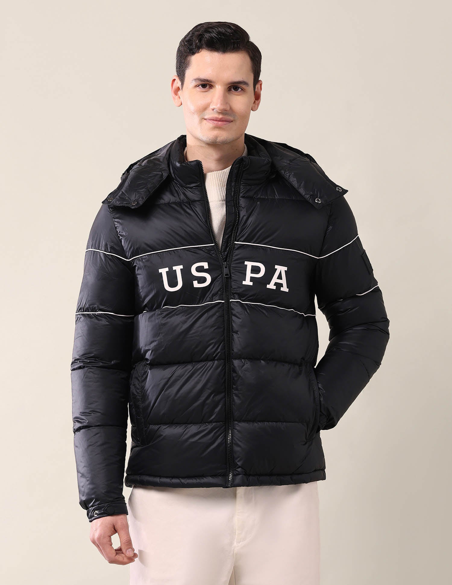 Colourblocked Regular Fit Puffer Jacket Black - U.S. Polo Assn. India | Large