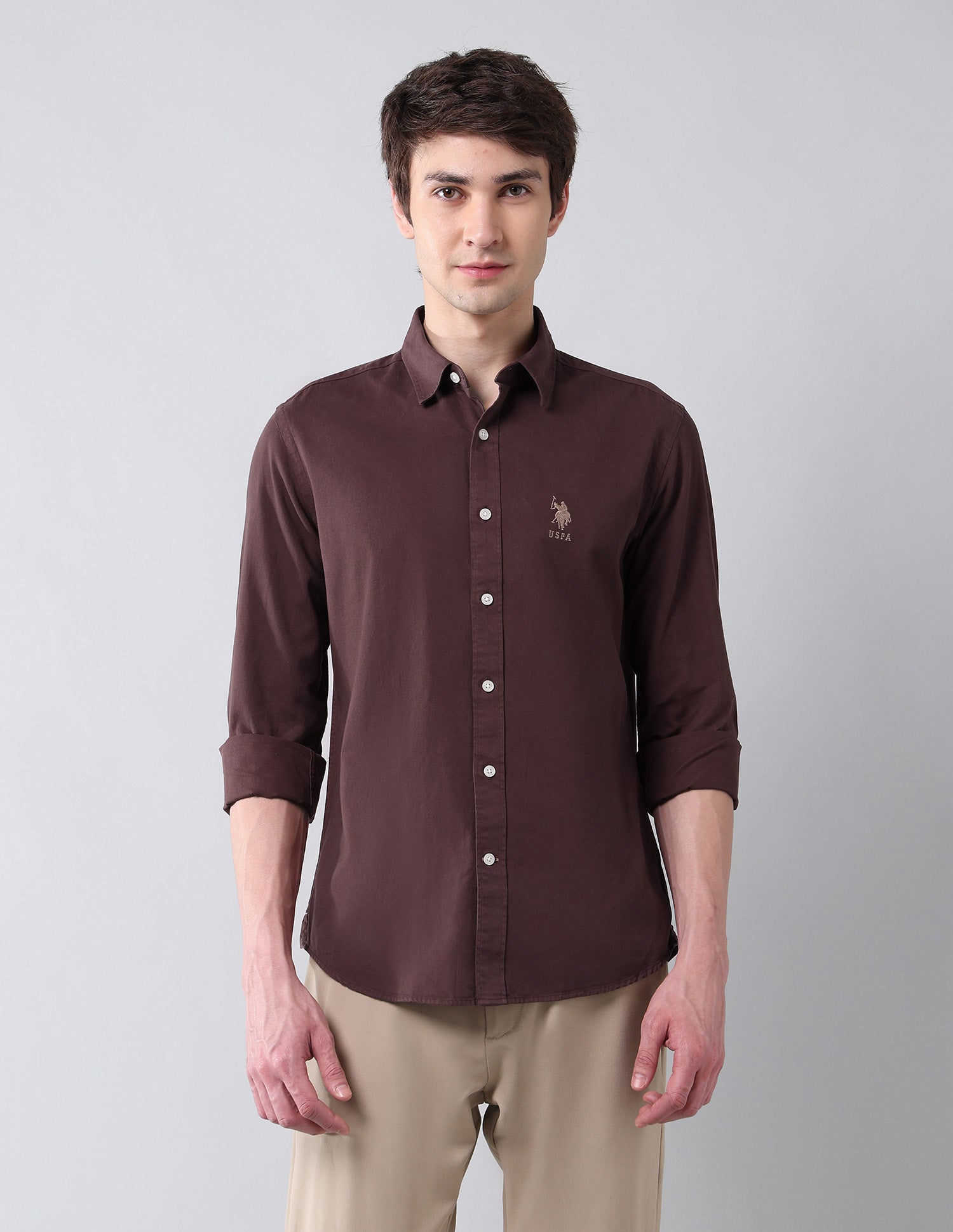 Solid Slim Fit Twill Shirt Maroon - U.S. POLO ASSN. | Large