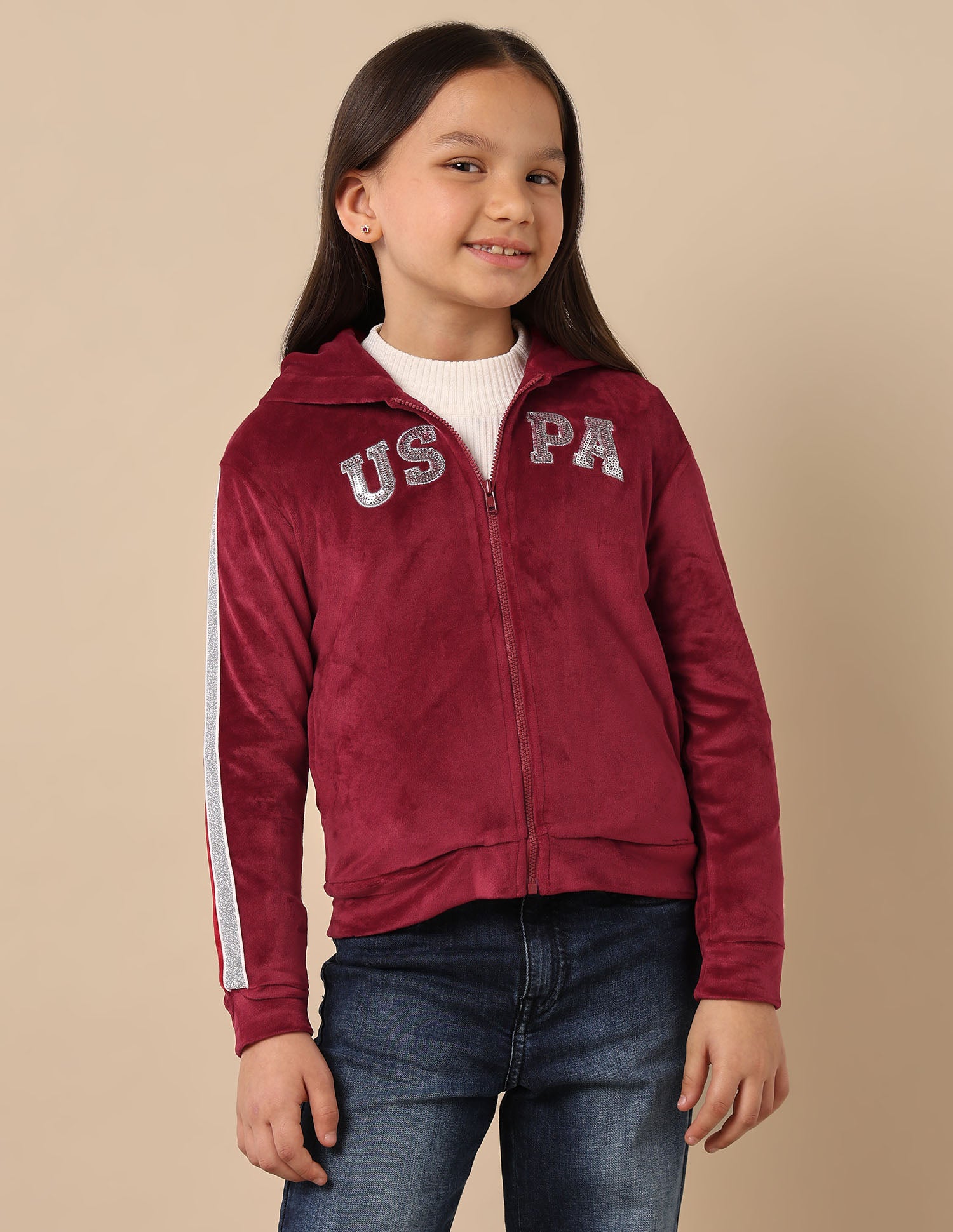 Girls Lurex Tape Velour Sweatshirt Maroon - U.S. POLO ASSN. | Large