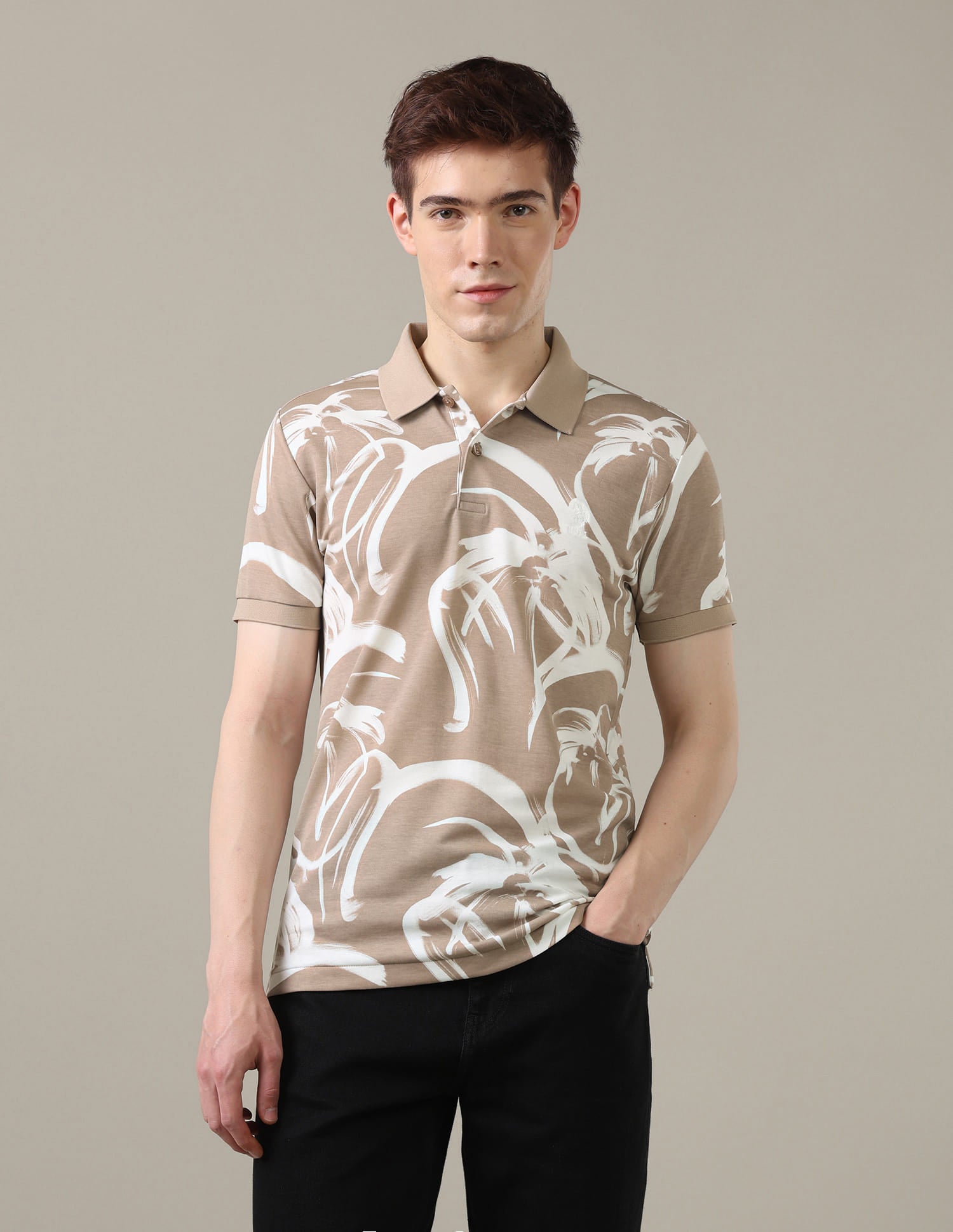 Abstract Printed Slim Fit Polo Shirt Beige - U.S. Polo Assn. India | Large
