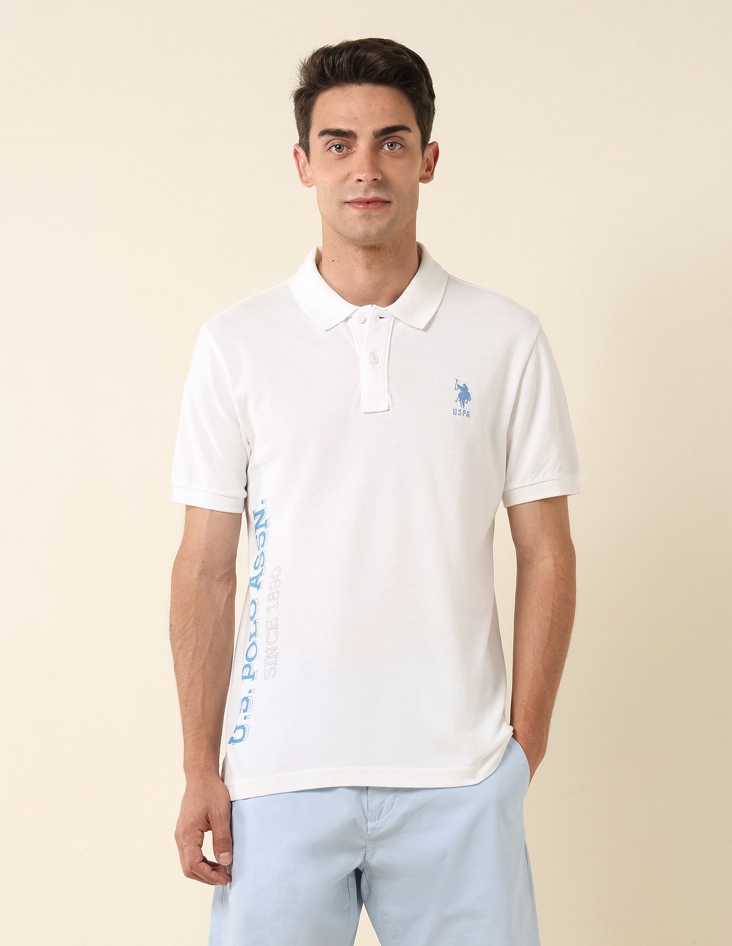 Brand Printed Pure Cotton Polo Shirt Off White - U.S. Polo Assn. India | Large
