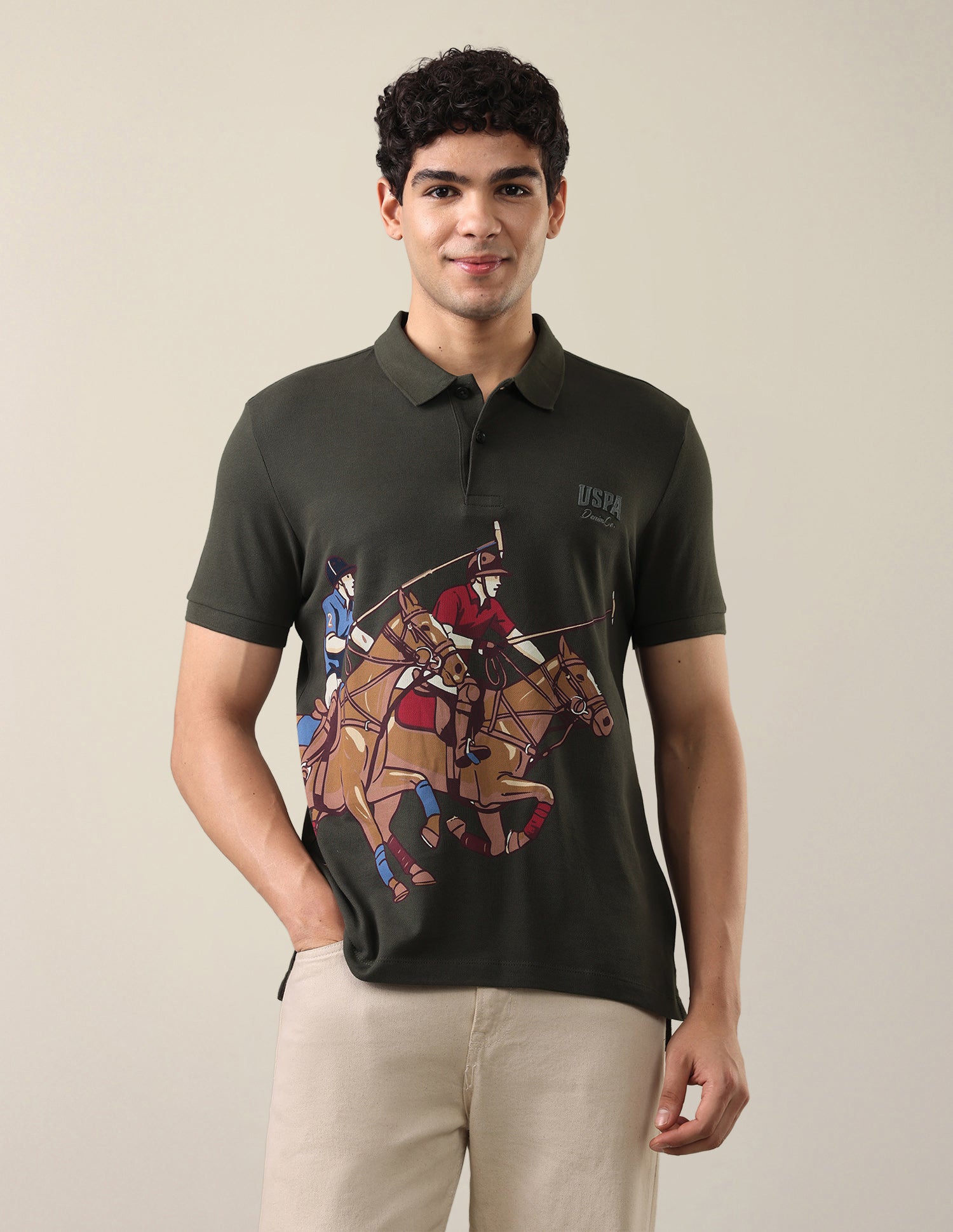 Graphic Brand Printed Slim Fit Polo Shirt Olive - U.S. Polo Assn. India | Large