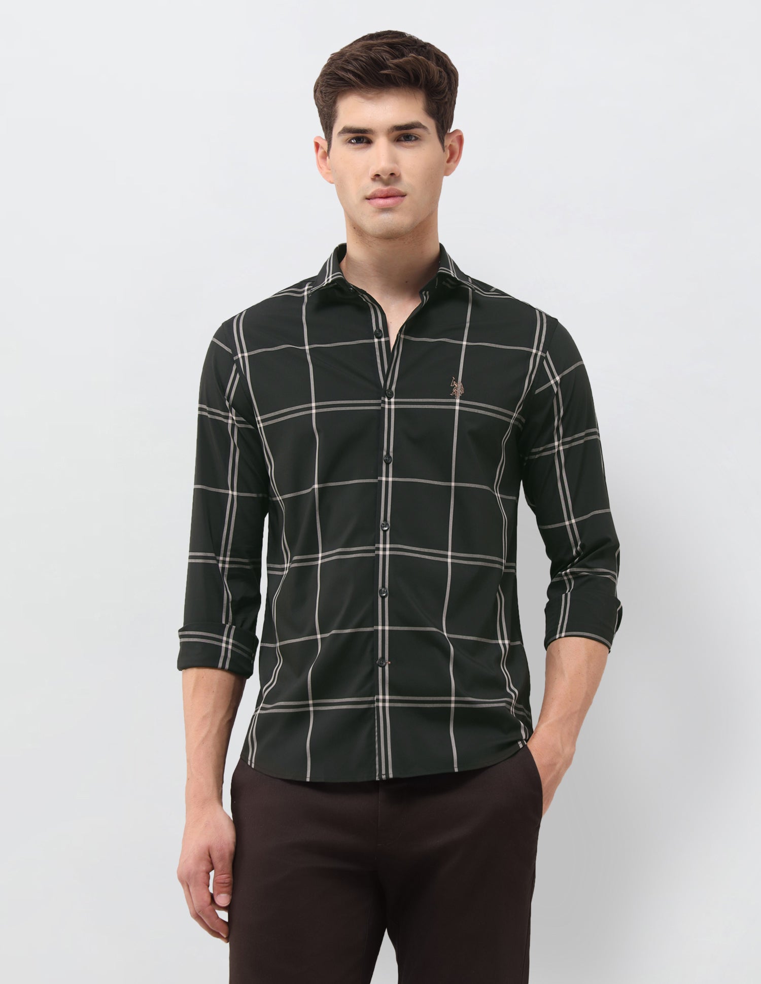 Grid Tattersall Checked Regular Fit Shirt Dark Olive - U.S. Polo Assn. India | Large
