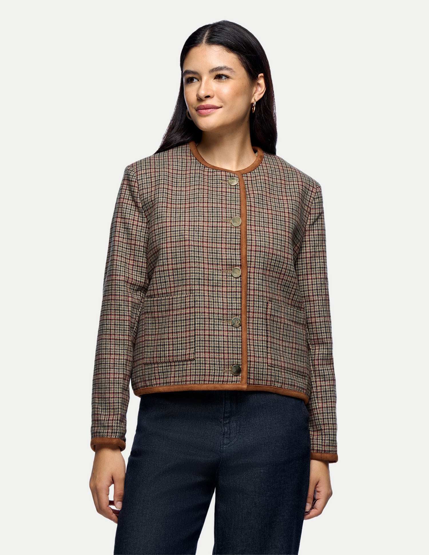 Houndstooth Checked Crop Jacket Brown - U.S. Polo Assn. India | Large