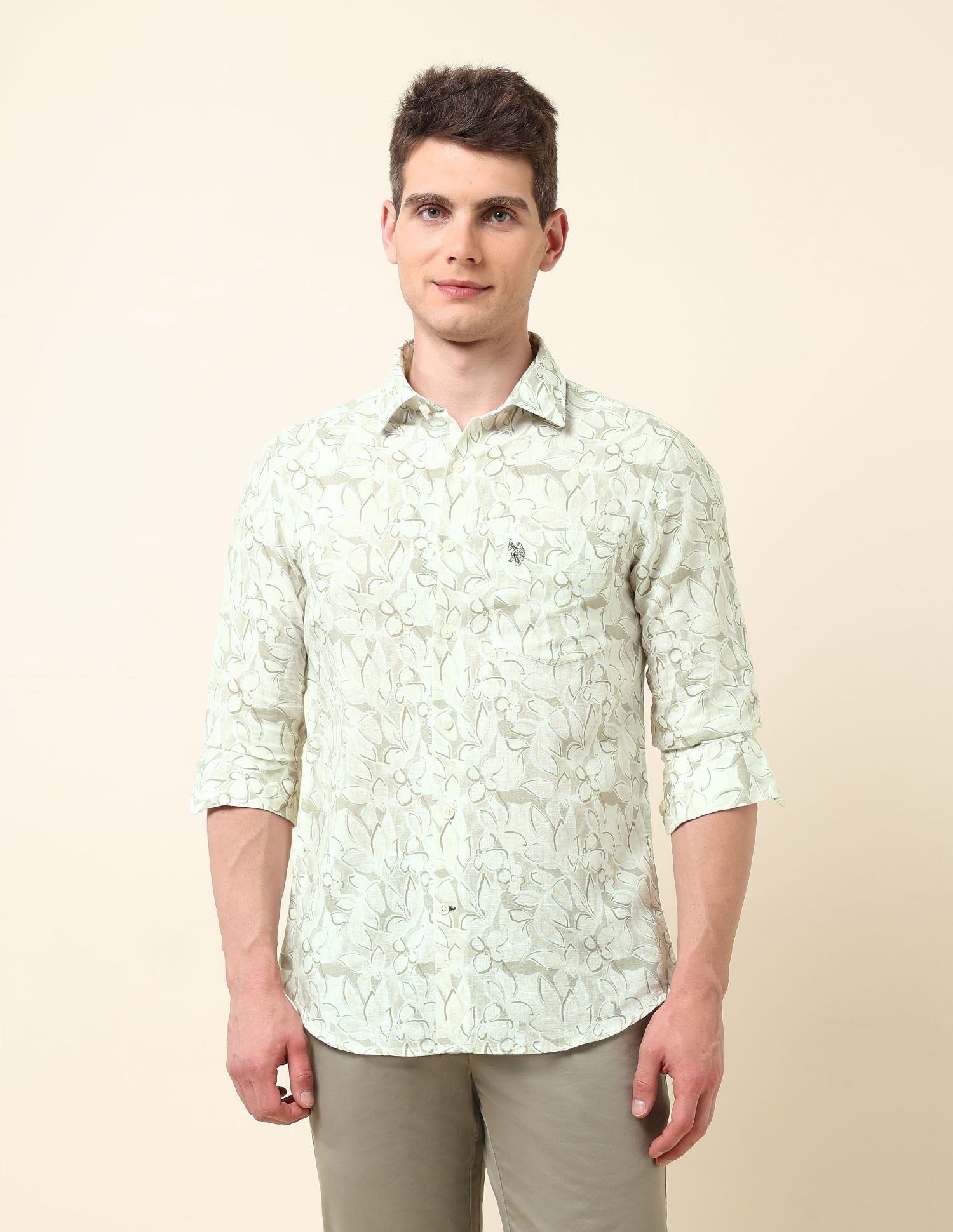 Floral Printed Tailored Fit Shirt Light Olive - U.S. POLO ASSN. | Large