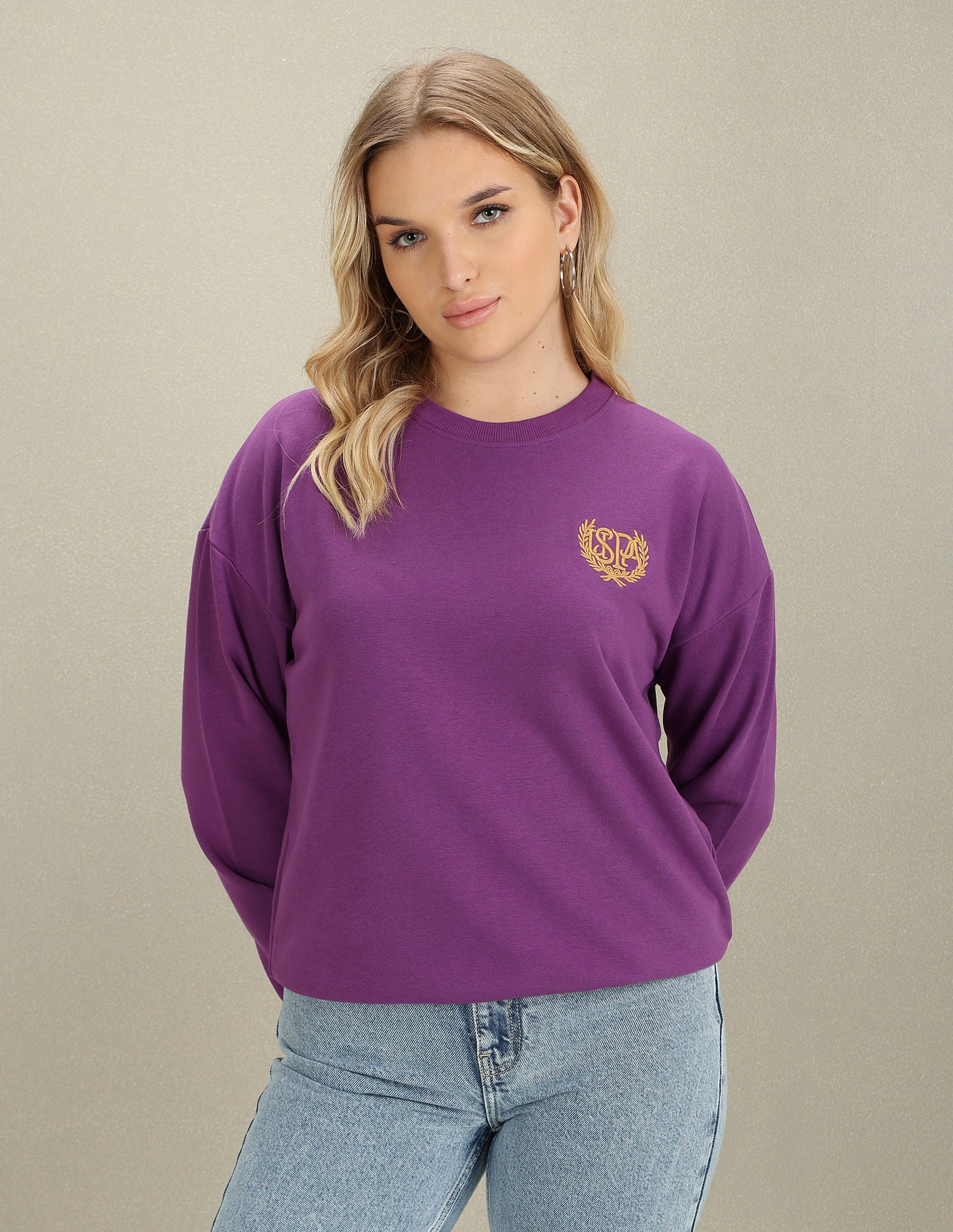 Crew Neck Embroidered Logo Sweatshirt Purple - U.S. POLO ASSN. | Large