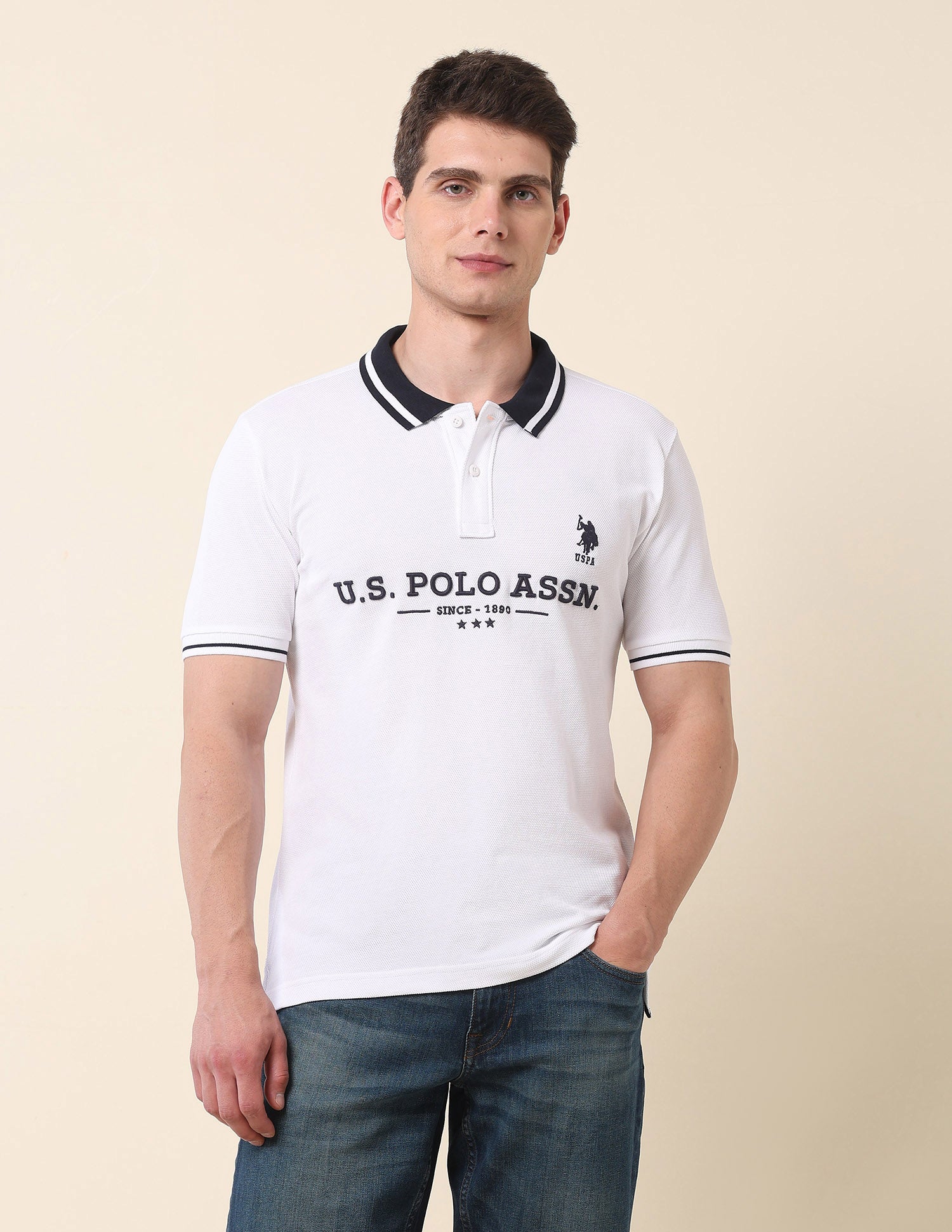 Brand Embroidered Gold Cup Polo Shirt White - U.S. Polo Assn. India | Large