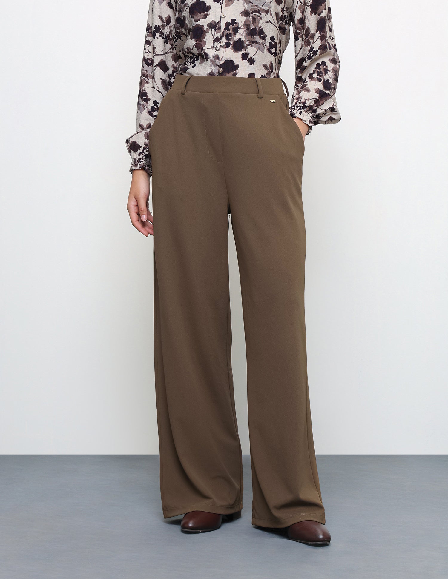 Wide Leg Fit High Rise Trousers Light Brown - U.S. Polo Assn. India | Large