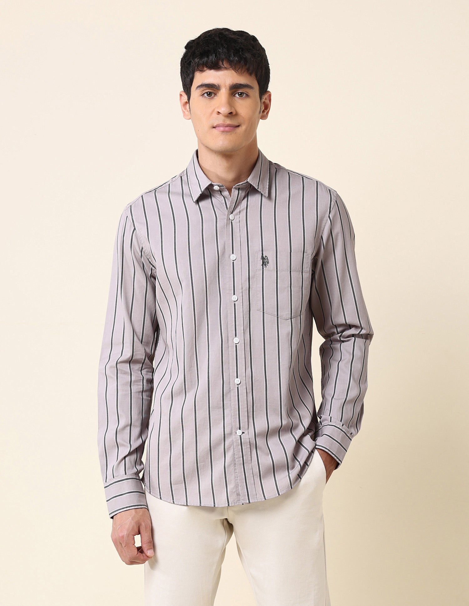 Vertical Striped Tailored Fit Shirt Light Khaki - U.S. Polo Assn. India | Large