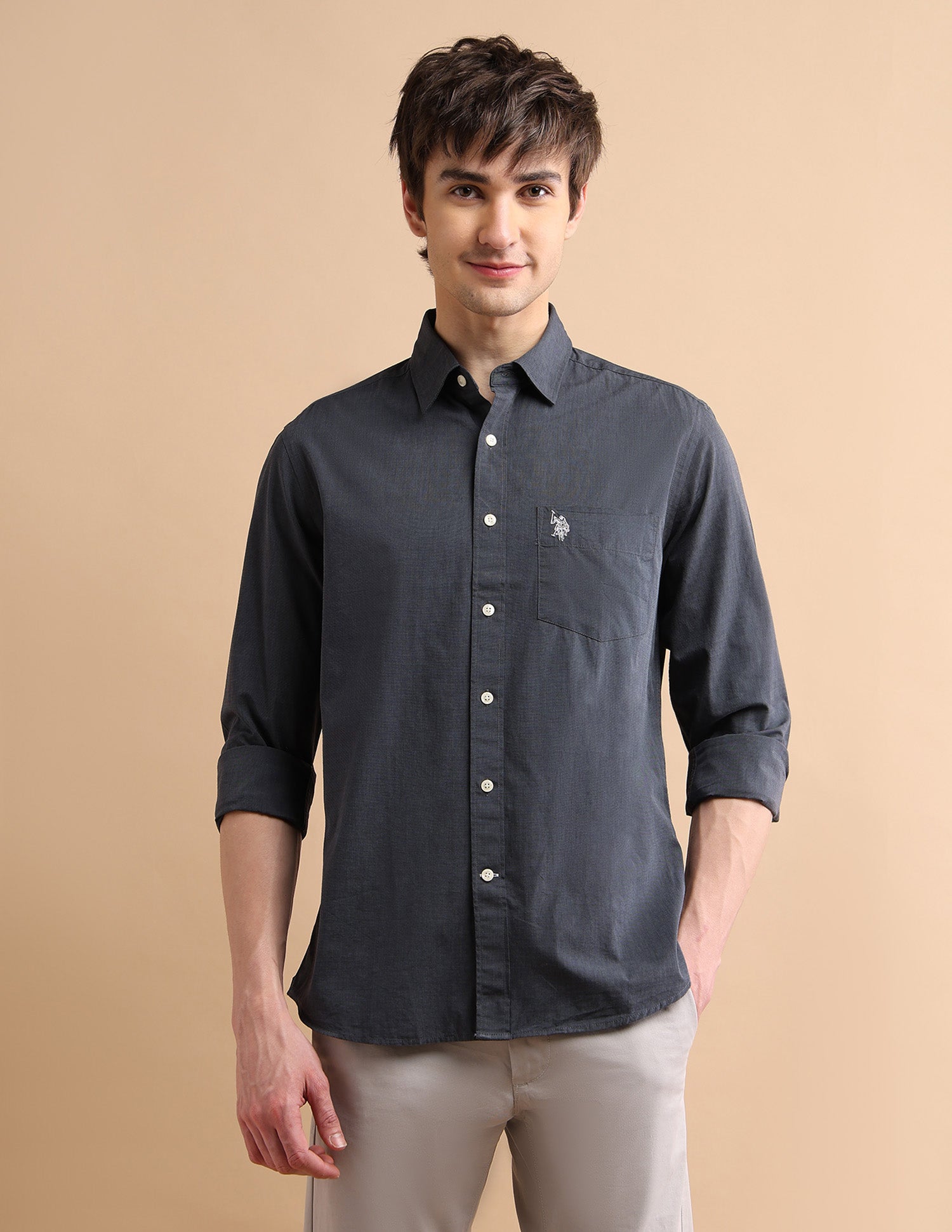 Textured Cotton Shirt Dark Grey - U.S. POLO ASSN. | Large