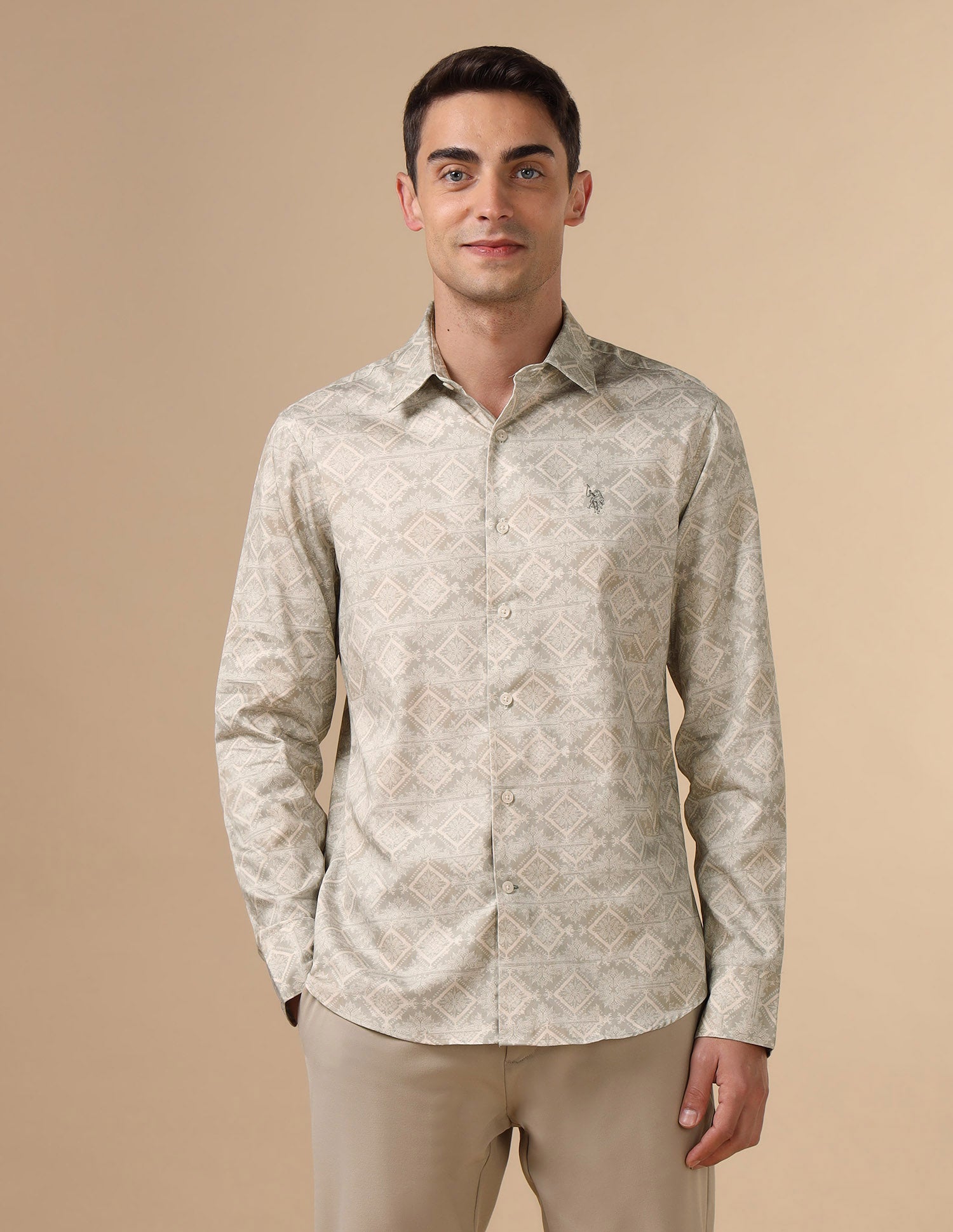 Pure Cotton Geometric Printed Shirt Light Green - U.S. POLO ASSN. | Large