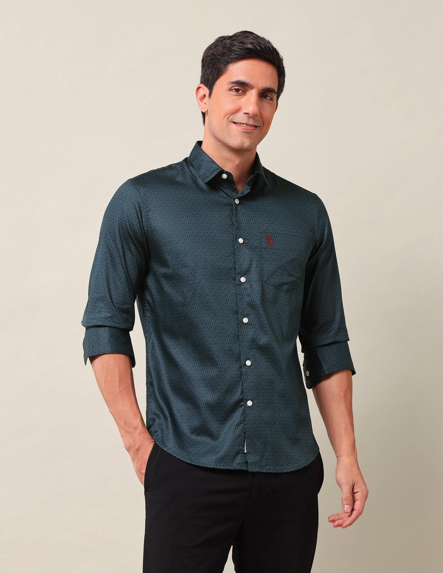 Tailored Fit Geometric Printed Shirt Teal - U.S. Polo Assn. India | Large