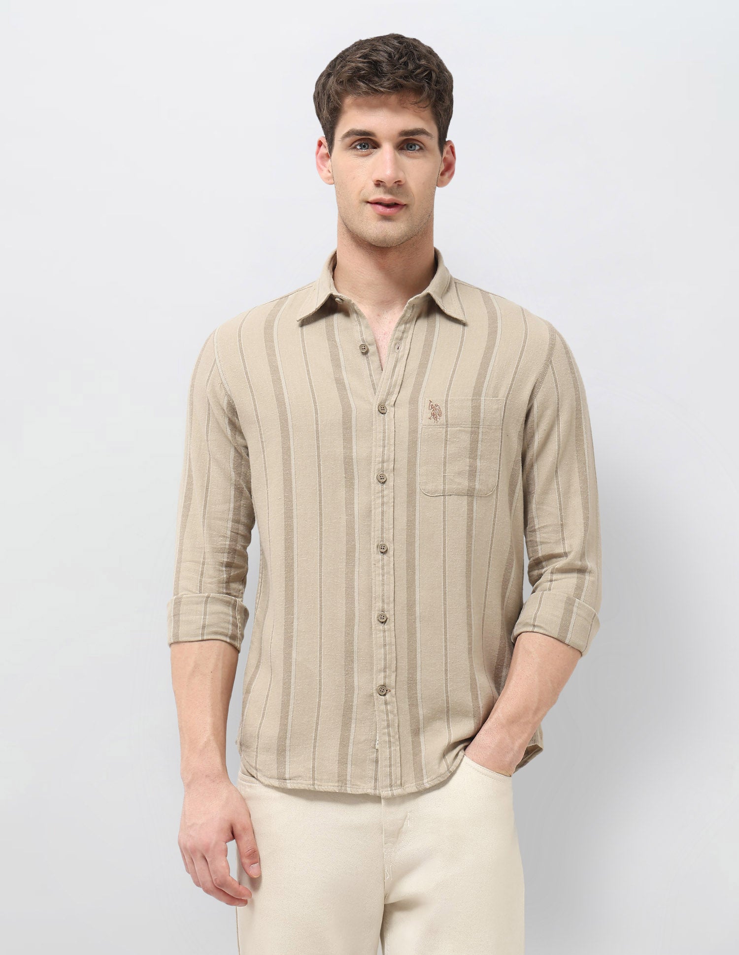 Vertical Striped Regular Fit Shirt Khaki - U.S. POLO ASSN. | Large