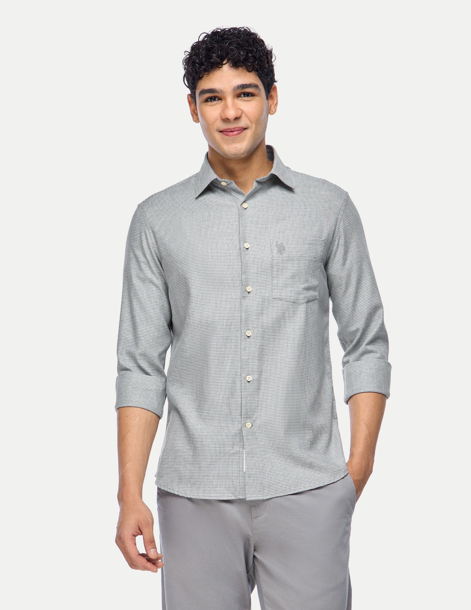 Houndstooth Printed Twill Shirt Light Grey - U.S. Polo Assn. India | Large
