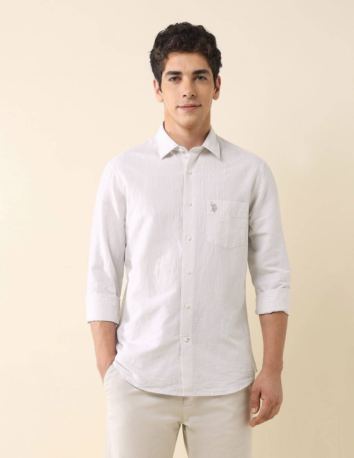 Vertical Striped Tailored Fit Shirt Beige - U.S. Polo Assn. India | Large