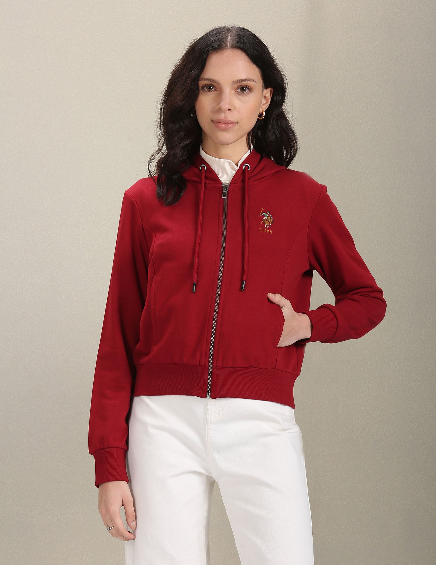 Solid Zip Up Hooded Sweatshirt Maroon - U.S. Polo Assn. India | Large