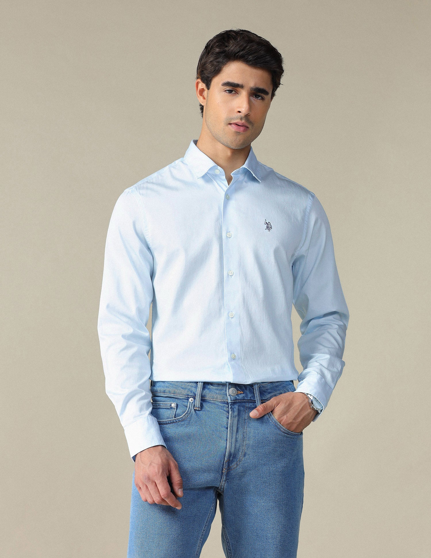 Pure Cotton Satin Shirt Light Blue - U.S. POLO ASSN. | Large