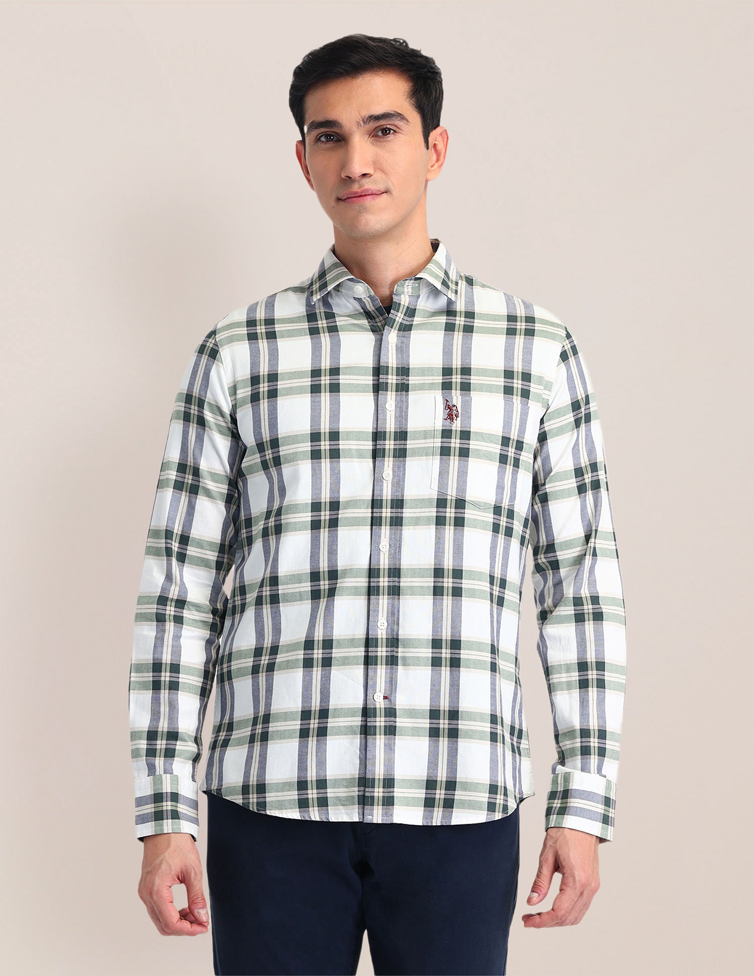 Tailored Fit Dobby Checked Shirt Ivory - U.S. POLO ASSN. | Large