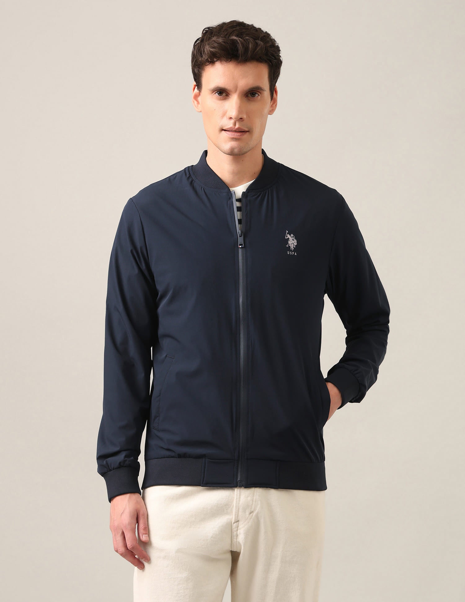 Solid Stand Collar Bomber Jacket Navy - U.S. Polo Assn. India | Large