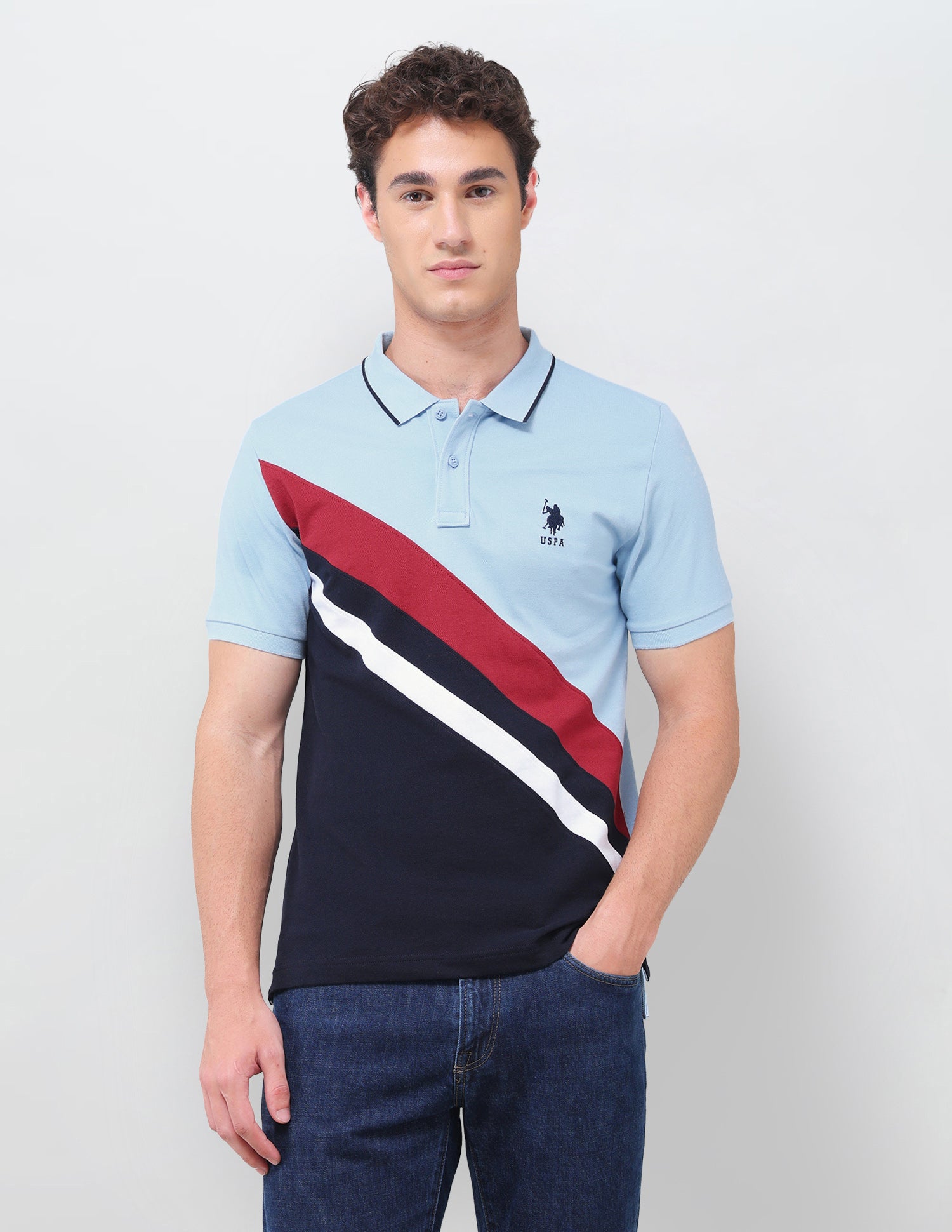 Colourblocked Regular Fit Polo Shirt Light Blue - U.S. Polo Assn. India | Large