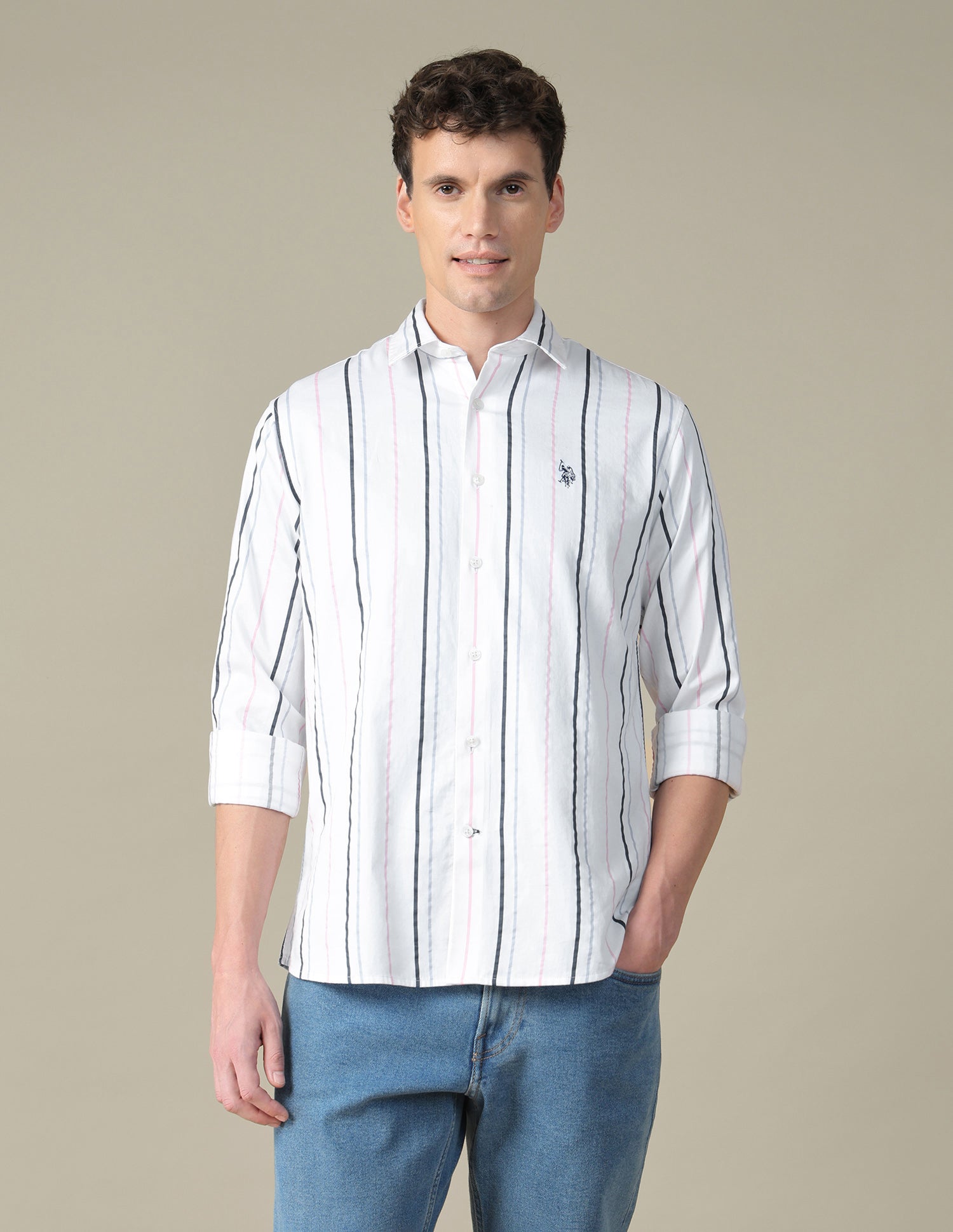 Vertical Striped Satin Shirt Light Blue - U.S. Polo Assn. India | Large