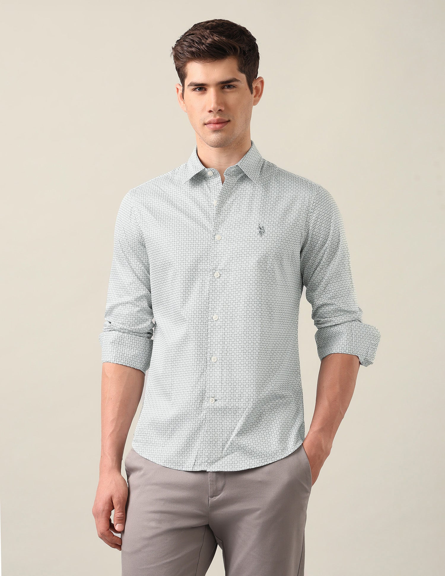 Geometric Printed Satin Shirt Light Grey - U.S. Polo Assn. India | Large