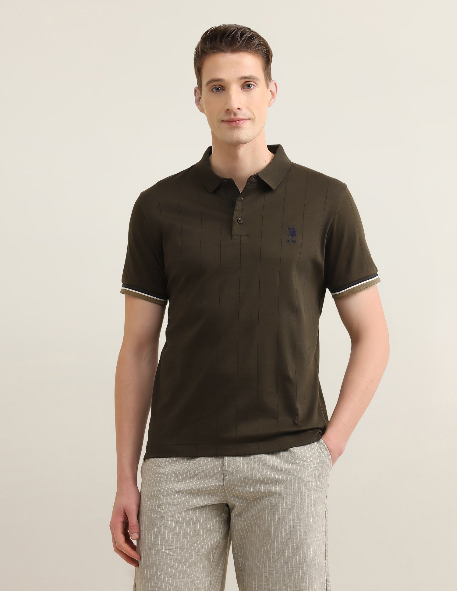 Self Design Vertical Striped Sotogrande Polo Shirt Olive - U.S. Polo Assn. India | Large