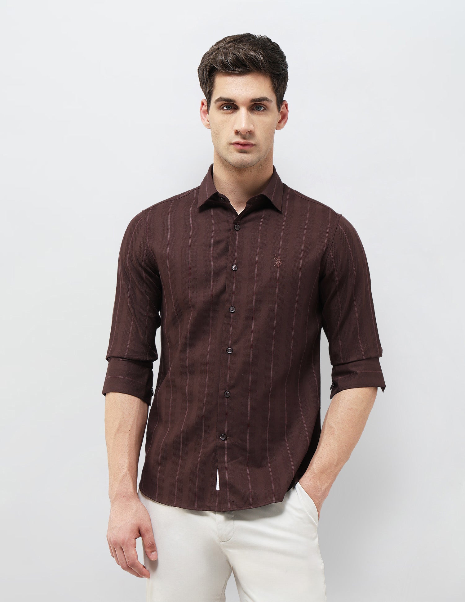 Textured With Vertical Striped Regular Fit Shirt Burgundy - U.S. POLO ASSN. | Large