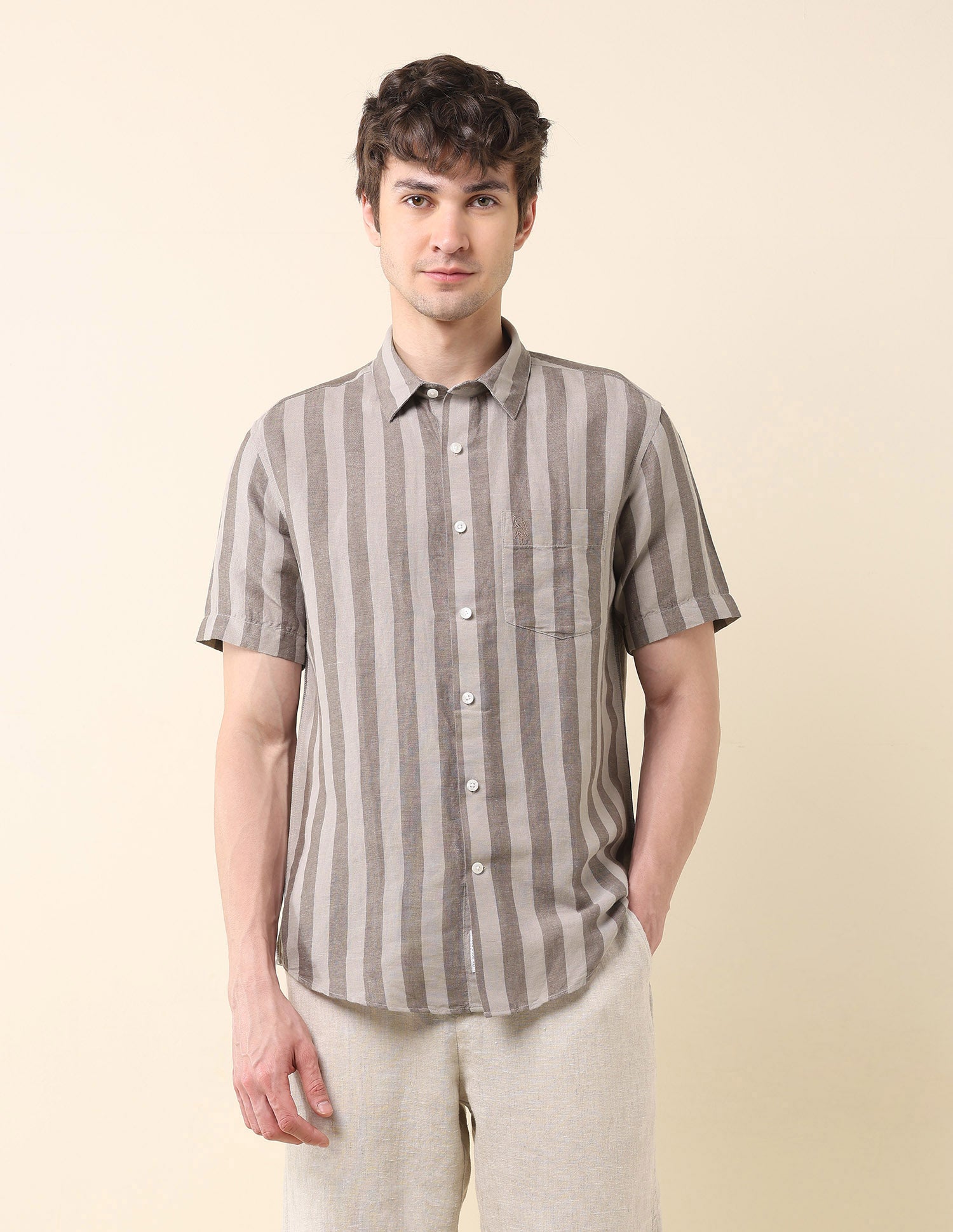 Vertical Striped Tailored Fit Ctm Shirt Khaki - U.S. Polo Assn. India | Large