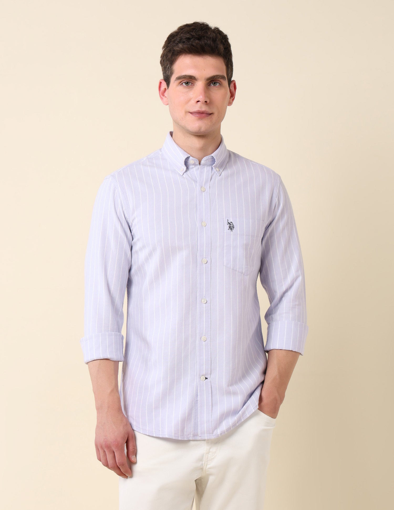 Vertical Striped Oxford Button-Down Shirt Light Lavender - U.S. Polo Assn. India | Large