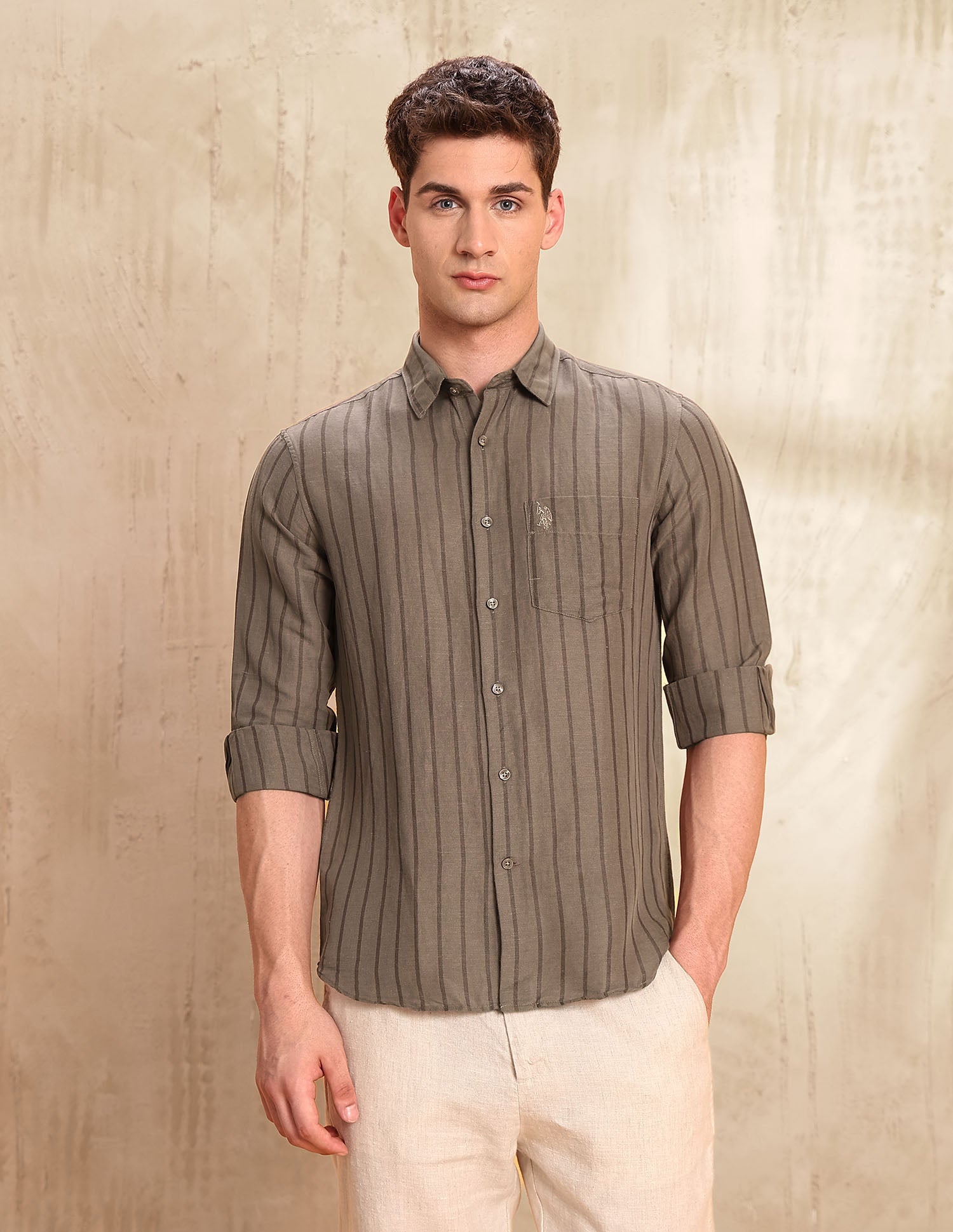 Vertical Striped Tailored Fit Shirt Brown - U.S. POLO ASSN. | Large